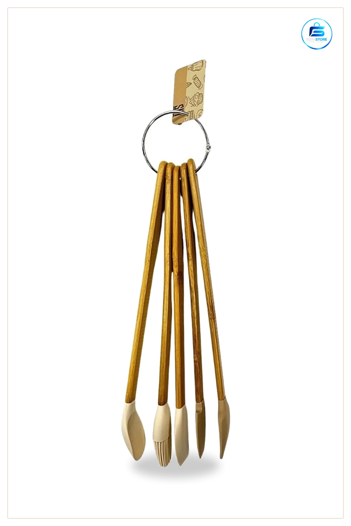 Silikon Mutfak Seti 5 Parça Bambu Saplı Spatula Fırça Kaşık Pasta Hamur Aleti Halkalı Asılabilir