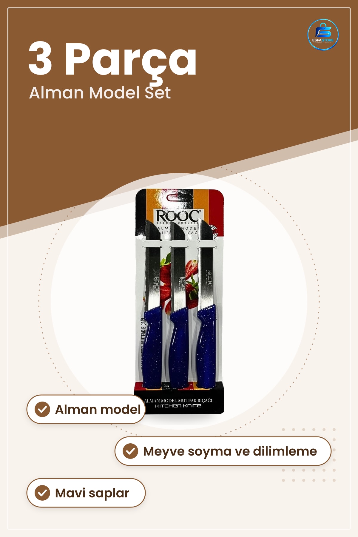 Meyve Bıçağı 3 Parça Alman Model Mutfak Bıçak Seti Sebze ve Yemek Hazırlığı İçin