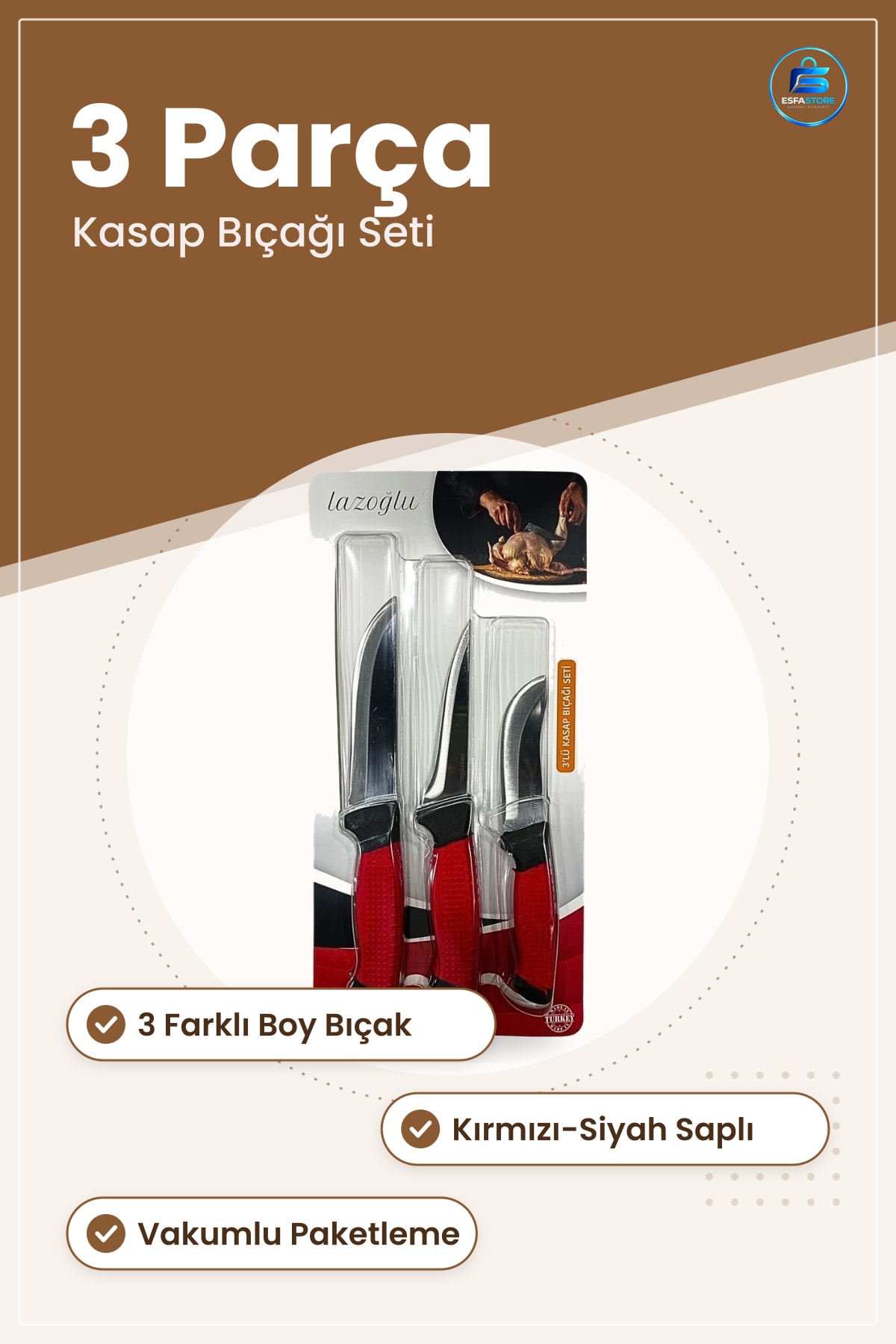 Bıçak Seti 3 Parça Kasap Bıçağı Et Hazırlama Mutfak Vakumlu Kullanıma Hazır Kesim Bıçakları