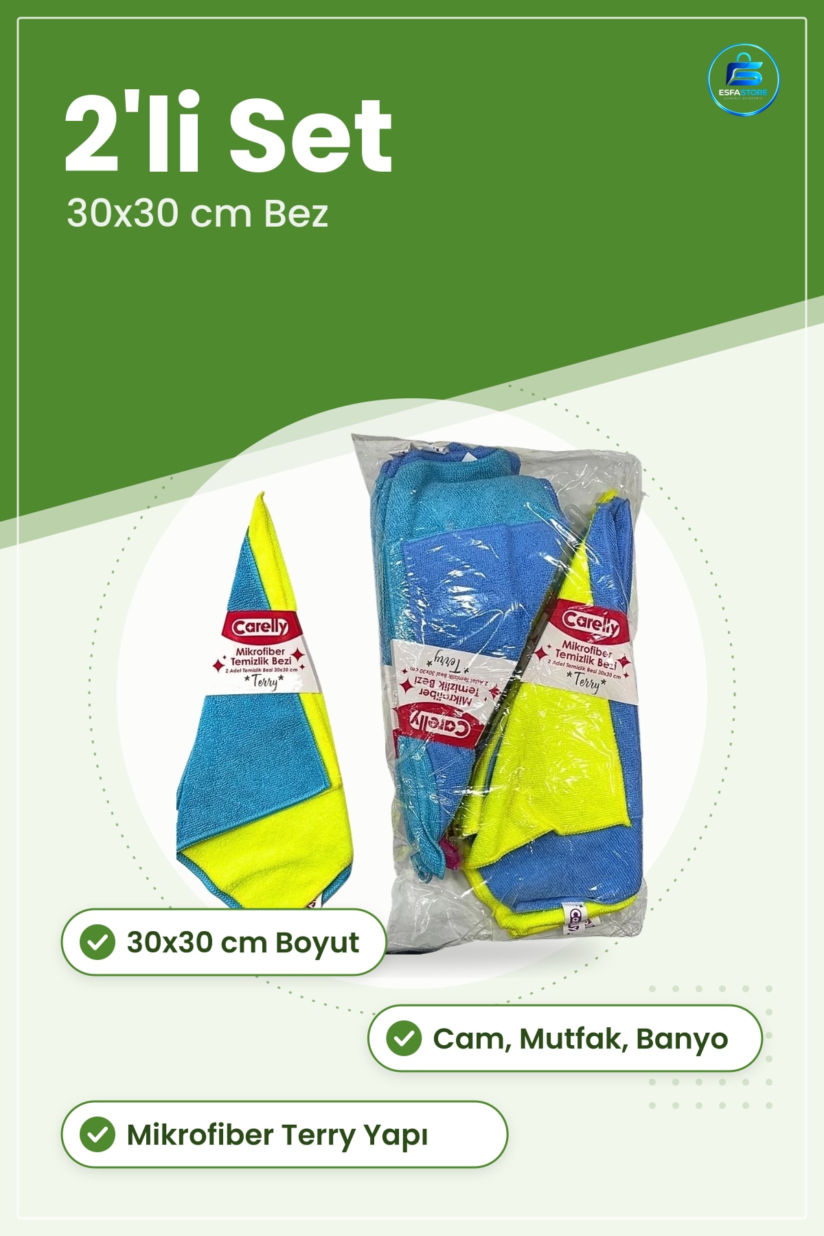 Terry Mikrofiber Temizlik Bezi 30x30 cm 2'li Set Cam Mutfak Banyo Yüzey Silme Kurulama