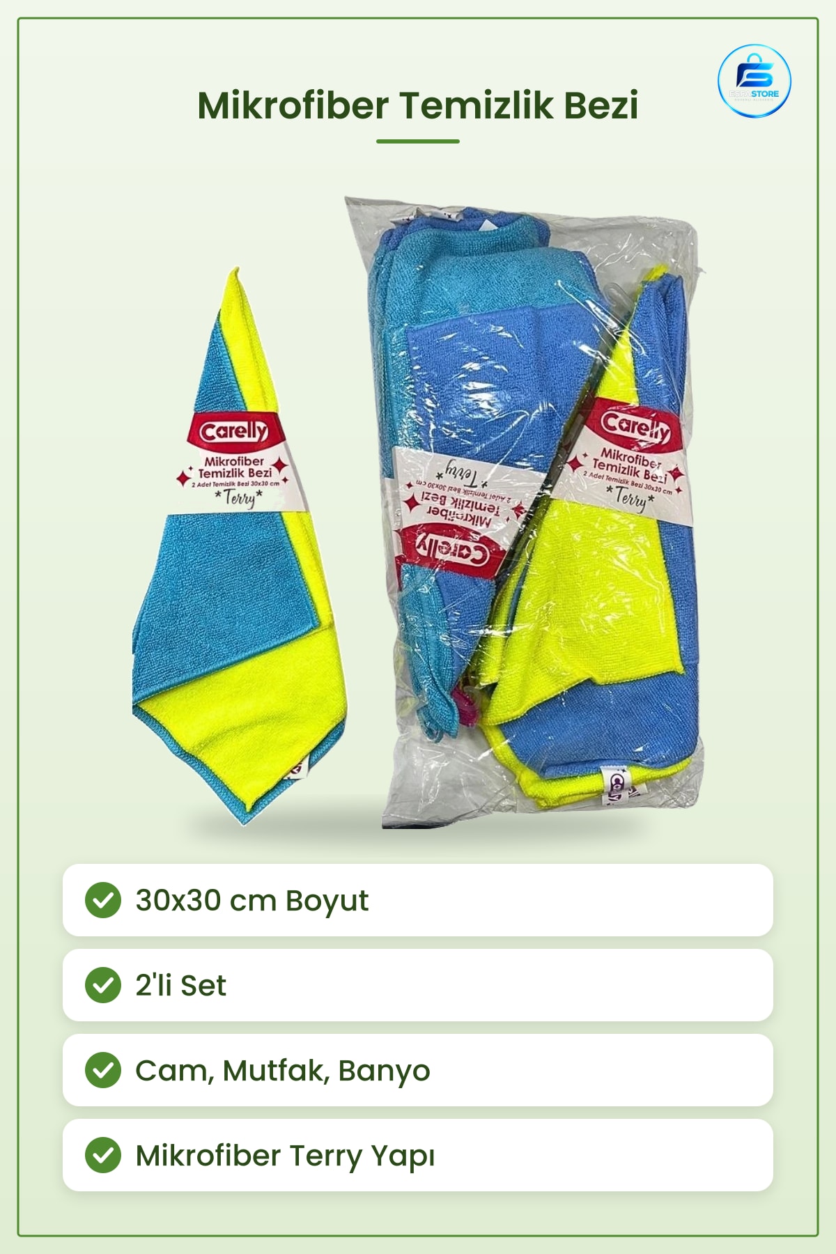 Terry Mikrofiber Temizlik Bezi 30x30 cm 2'li Set Cam Mutfak Banyo Yüzey Silme Kurulama