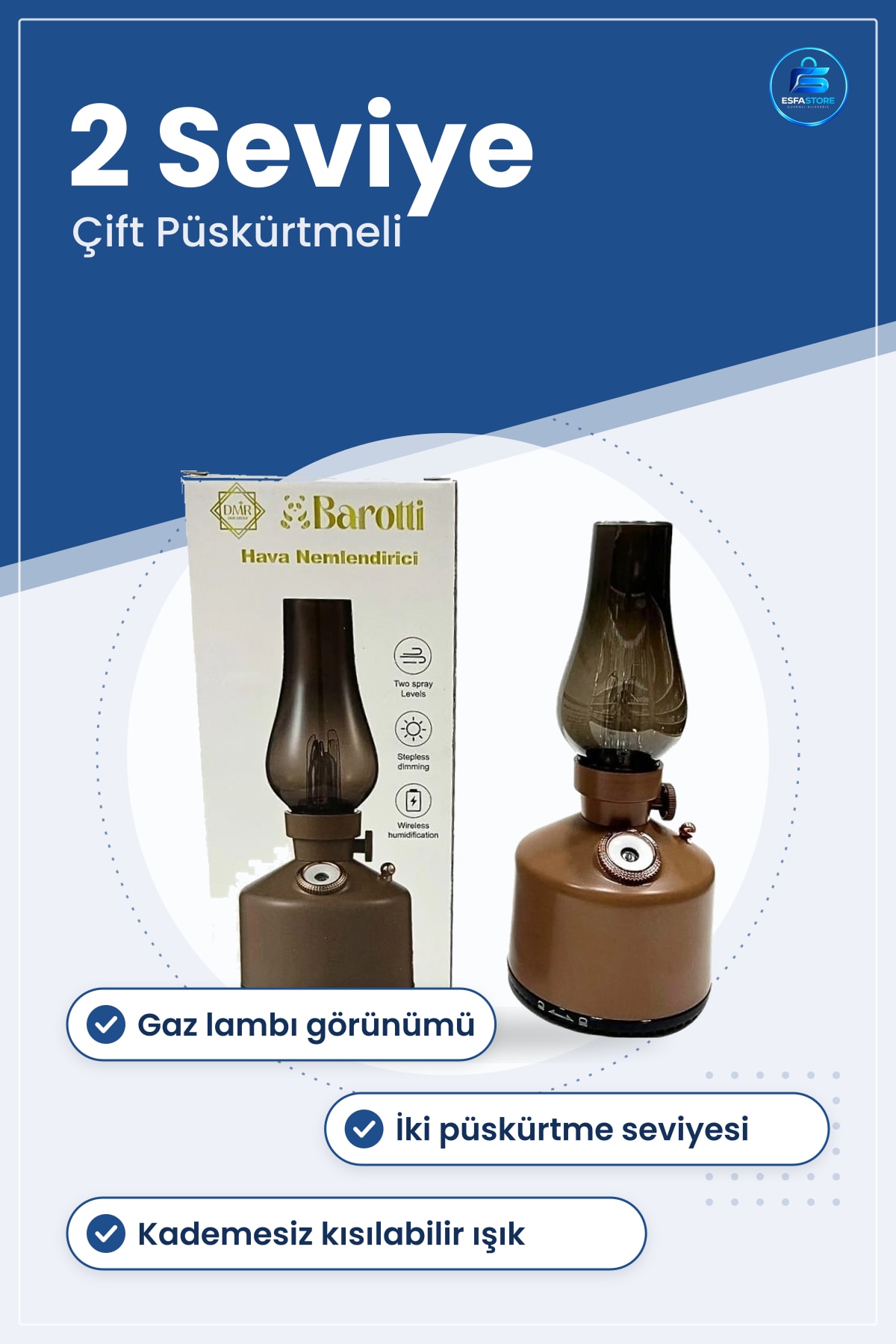 Hava Nemlendirici Gaz Lambaı Görünümlü Kablosuz Şarjlı Kısılabilir Işıklı Çift Püskürtmeli