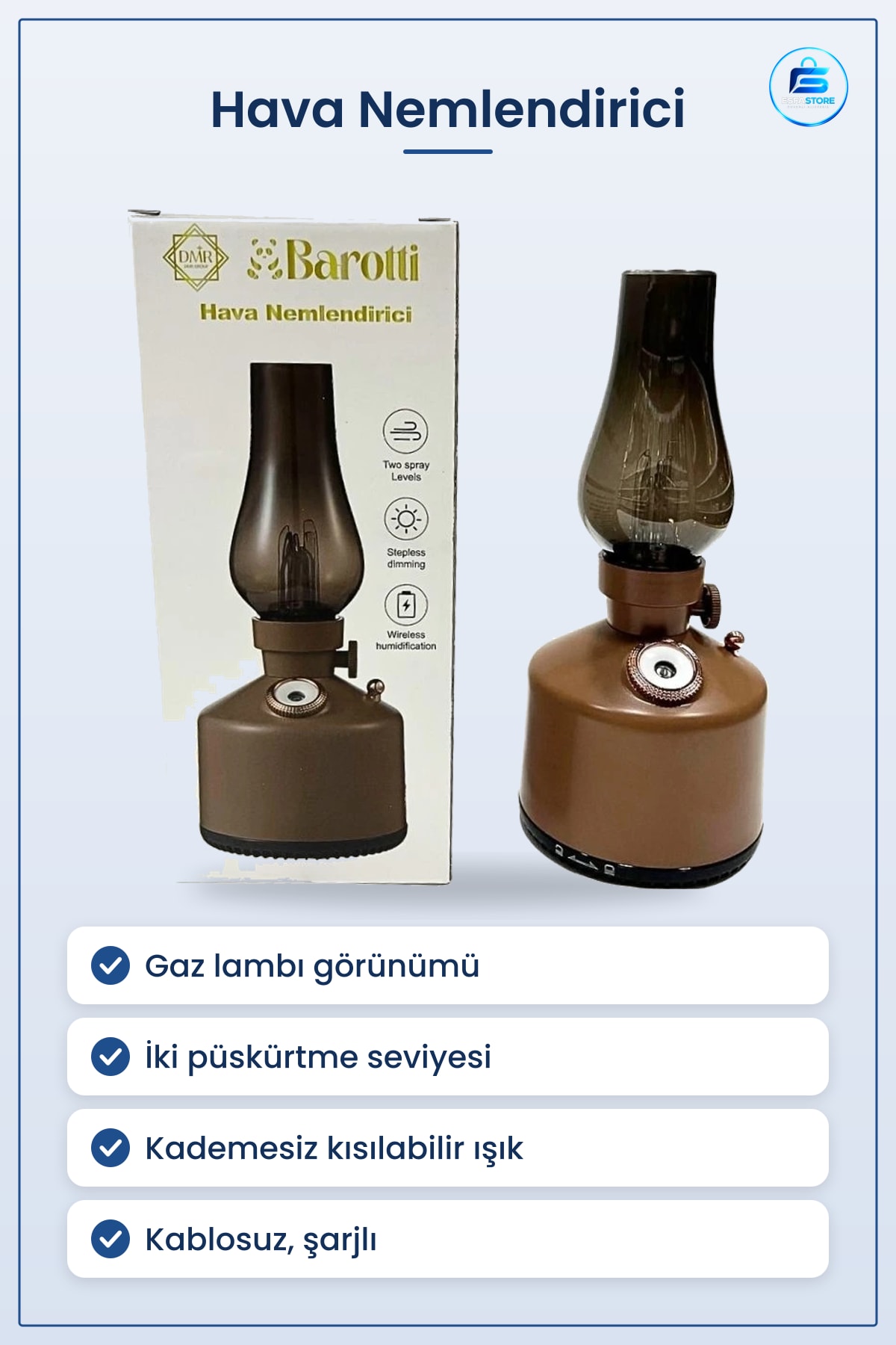 Hava Nemlendirici Gaz Lambaı Görünümlü Kablosuz Şarjlı Kısılabilir Işıklı Çift Püskürtmeli