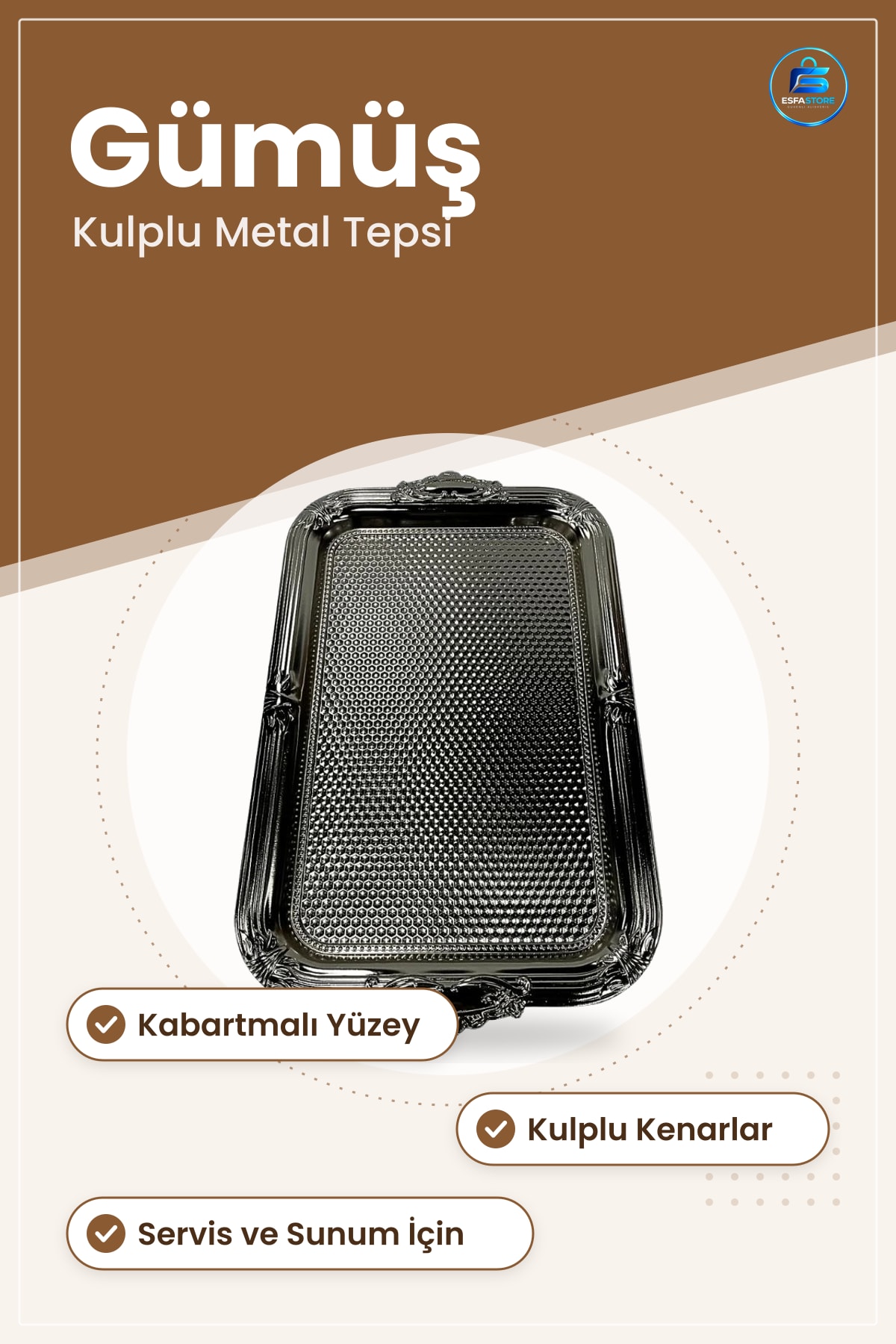 Metal Dikdörtgen Tepsi Gümüş Rengi Kulplu Kabartmalı Servis Sunum Sofra Ev Mutfak