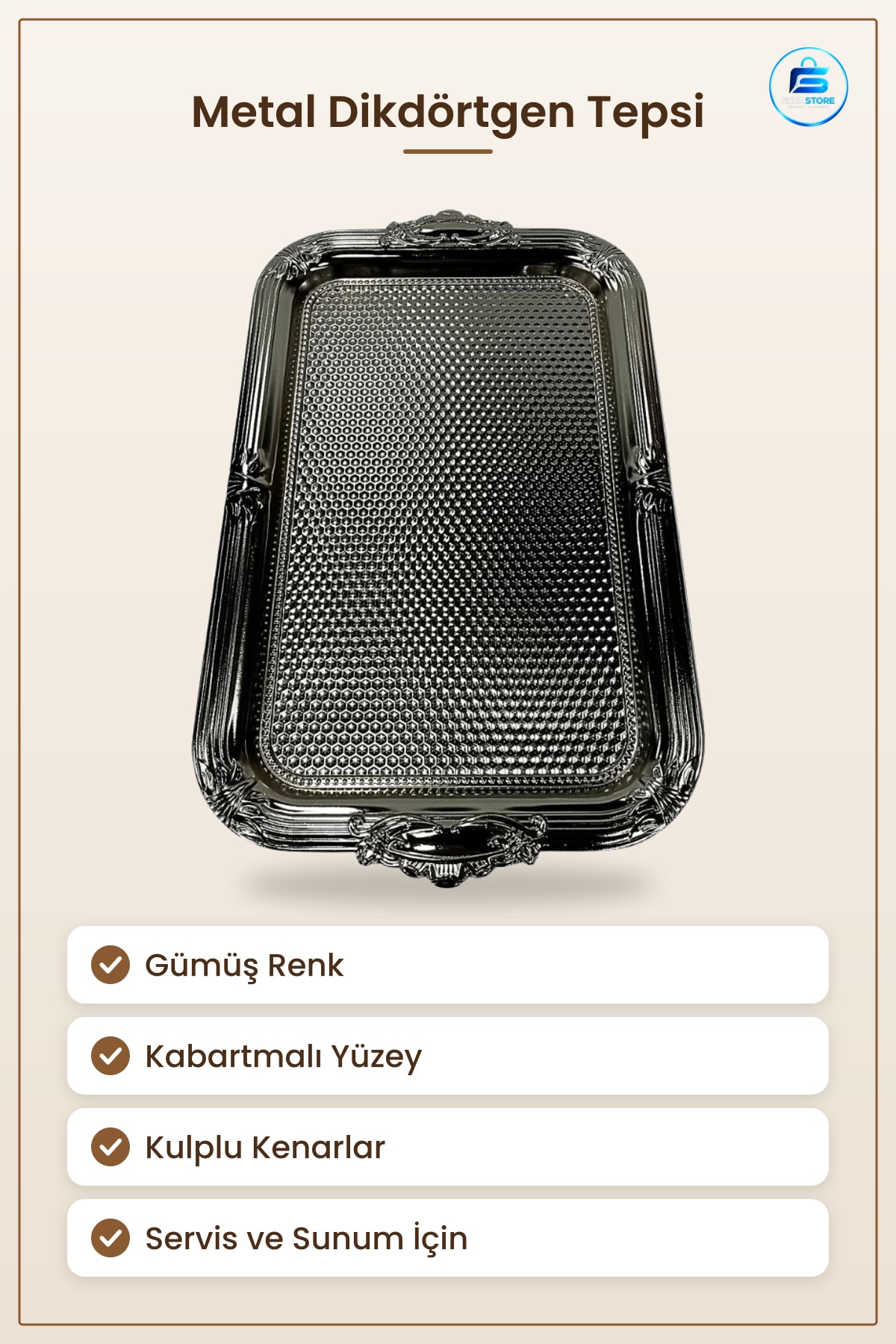 Metal Dikdörtgen Tepsi Gümüş Rengi Kulplu Kabartmalı Servis Sunum Sofra Ev Mutfak