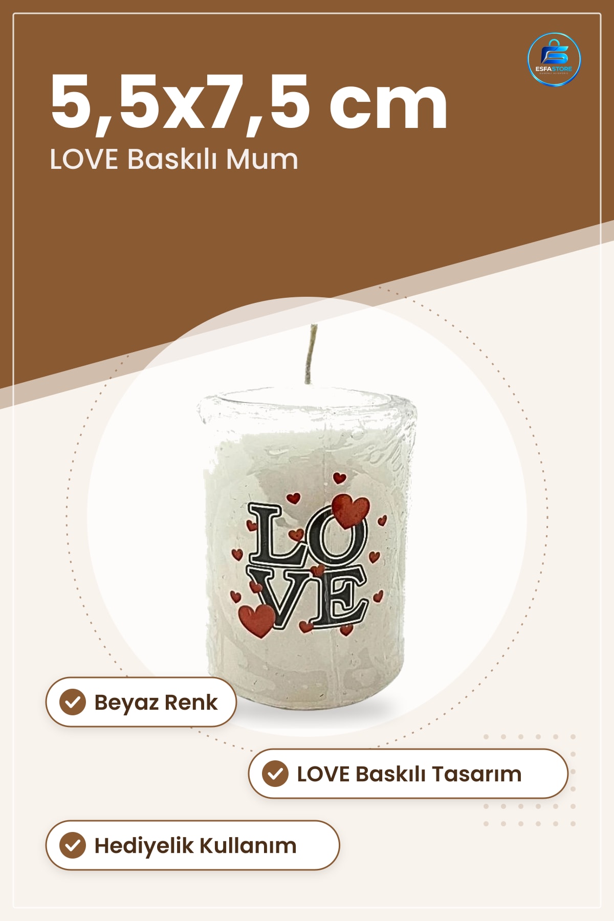 Mum 5,5x7,5 cm Dekoratif Love Baskılı Beyaz Pilar Ev Dekorasyon Hediyelik Sevgililer
