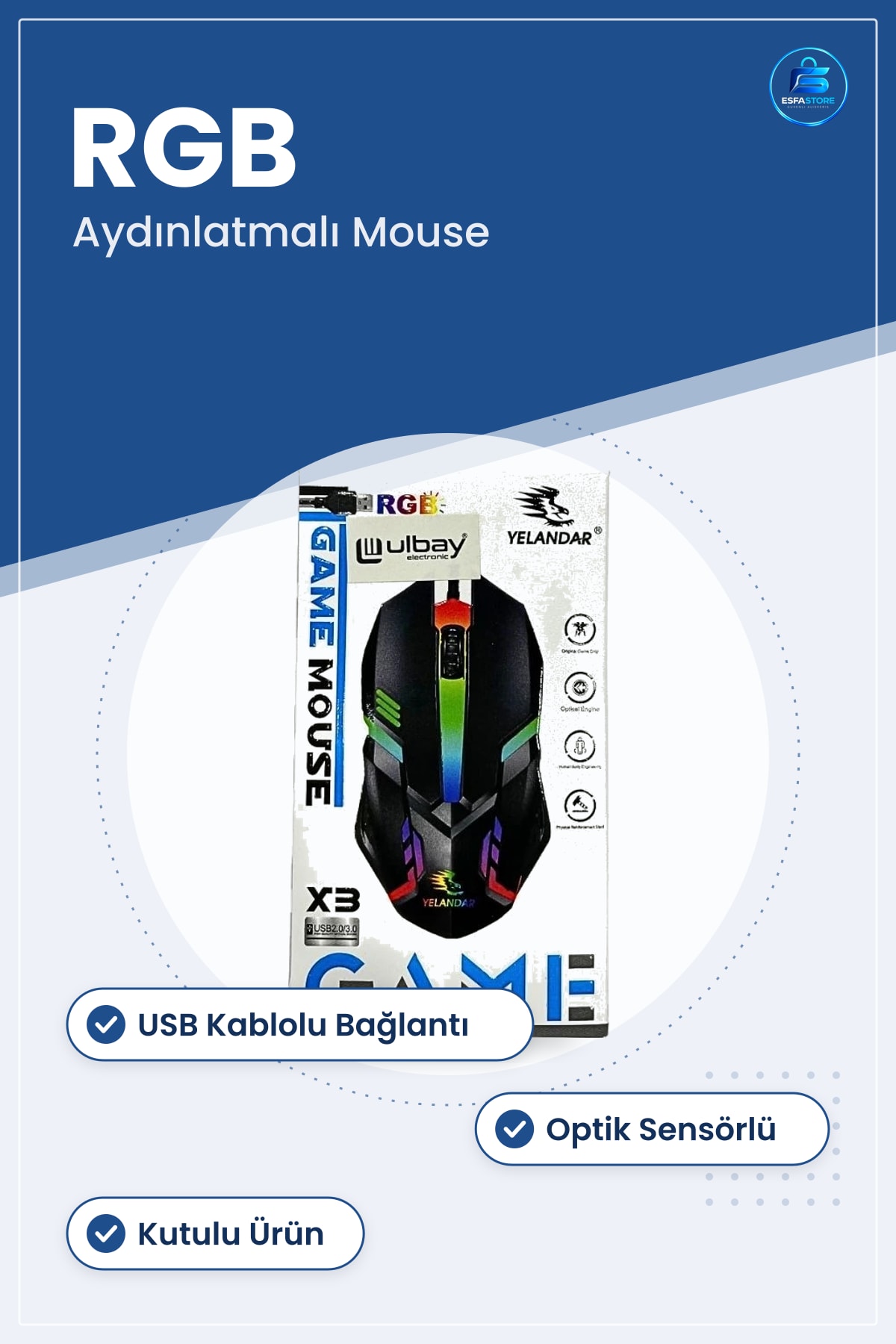 Oyuncu Mouse RGB Aydınlatmalı USB Kablolu Optik Sensörlü Kutulu Bilgisayar Gaming Fare