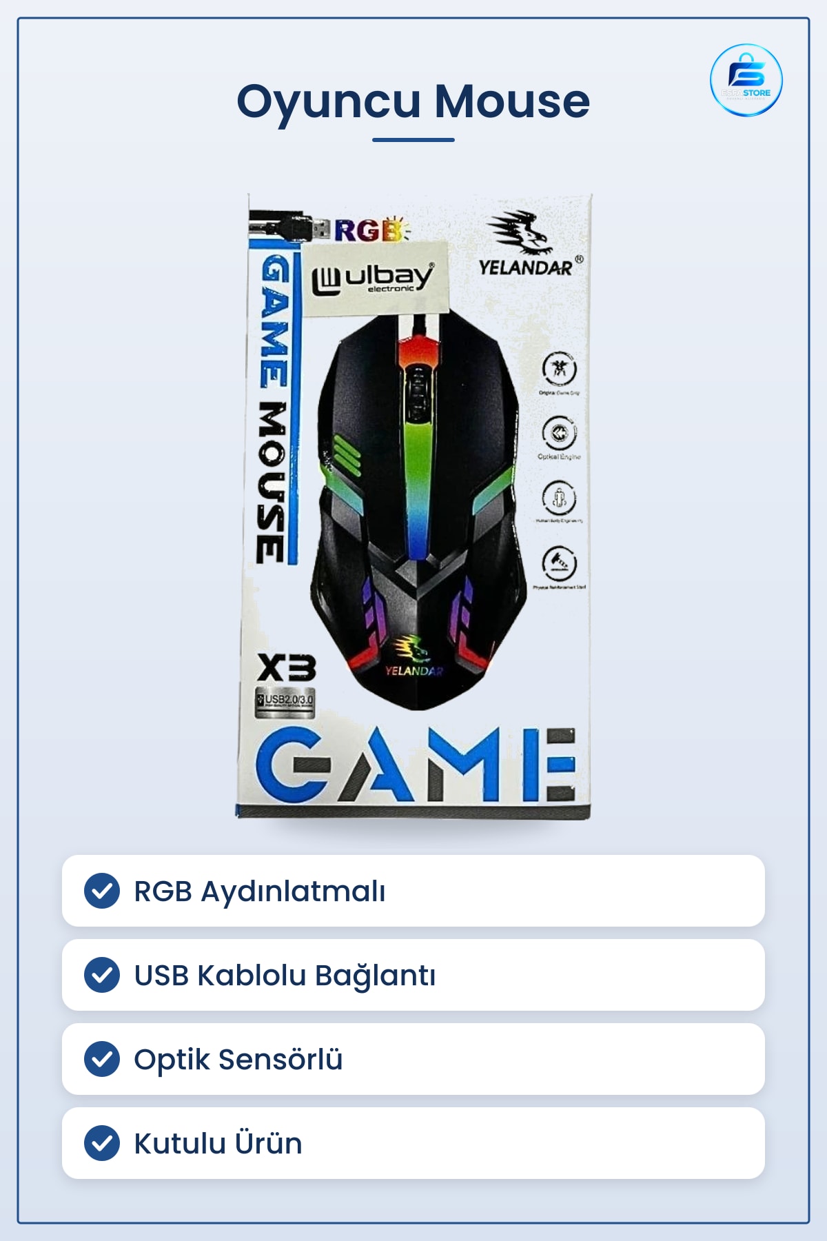 Oyuncu Mouse RGB Aydınlatmalı USB Kablolu Optik Sensörlü Kutulu Bilgisayar Gaming Fare