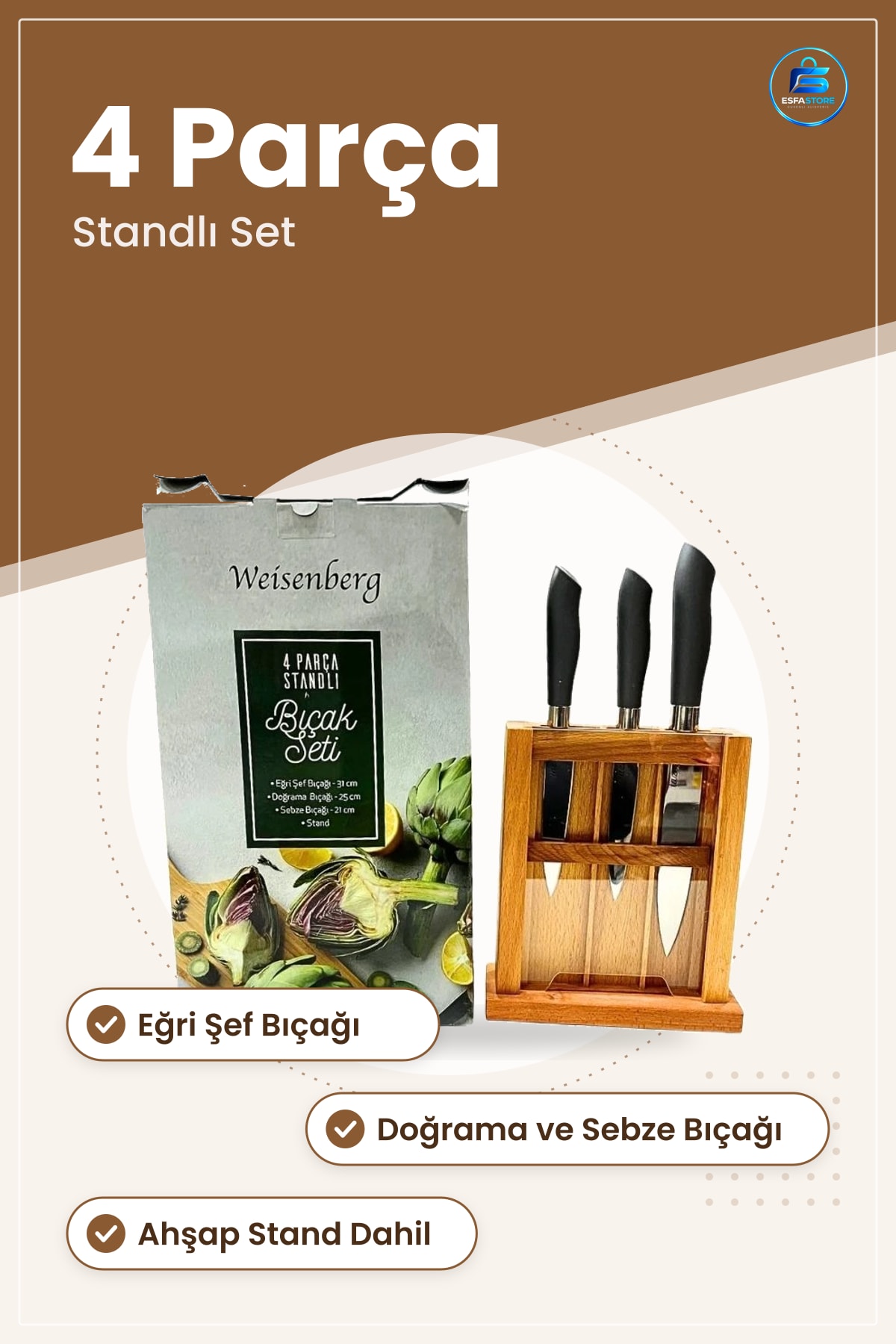 4 Parça Standlı Buçak Seti Ahşap Stand Paslanmaz Çelik Siyah Saplar Mutfak Eğri Şef Doğrama Sebze