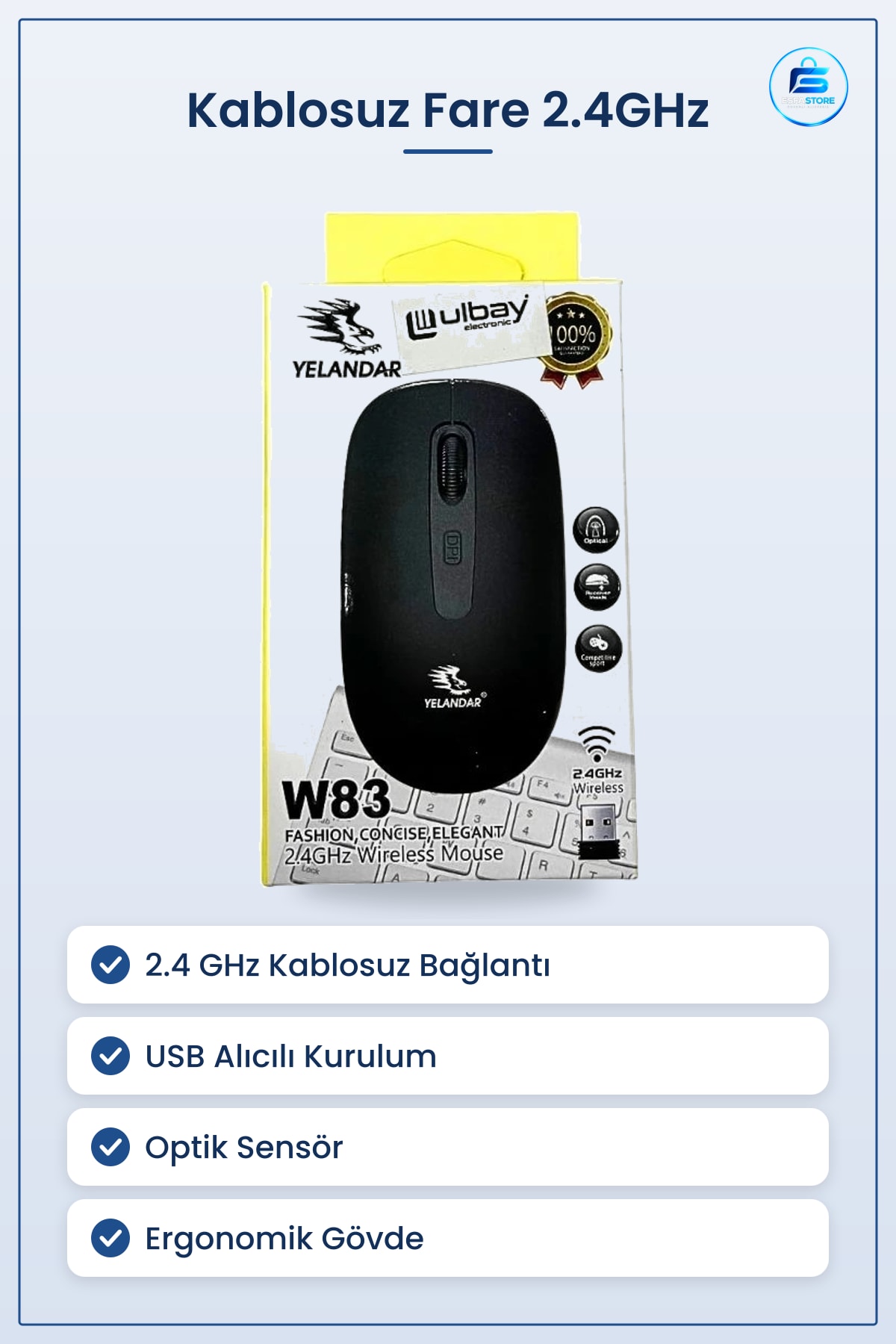 Kablosuz Fare 2.4GHz USB Alıcılı Optik Mouse Bilgisayar Aksesuarı Ev Ofis Kutulu