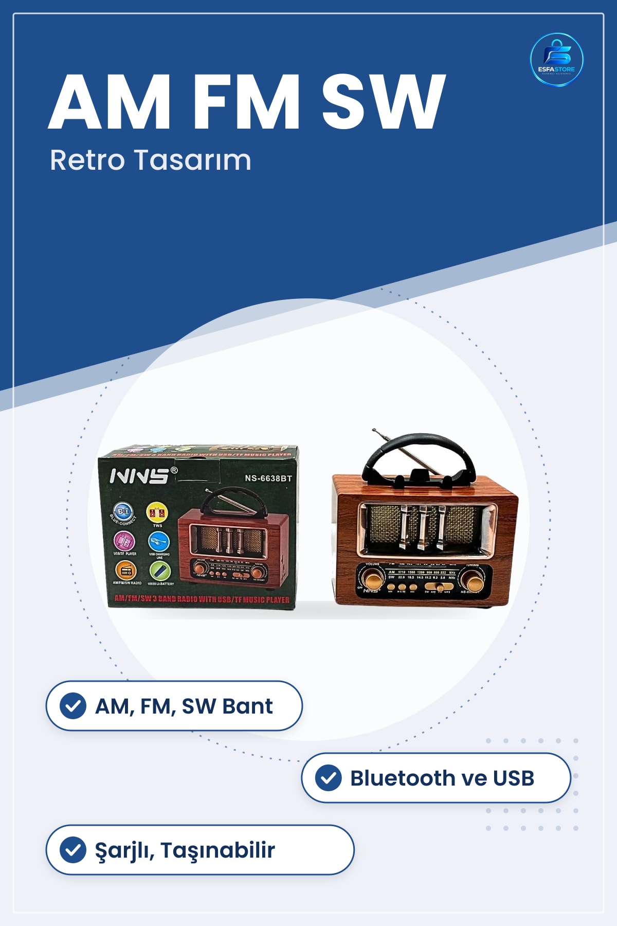 Nostalji Radyo Ahşap Görünümlü Taşınabilir AM FM SW Bluetooth USB TF Müzik Çalar Şarjlı Retro