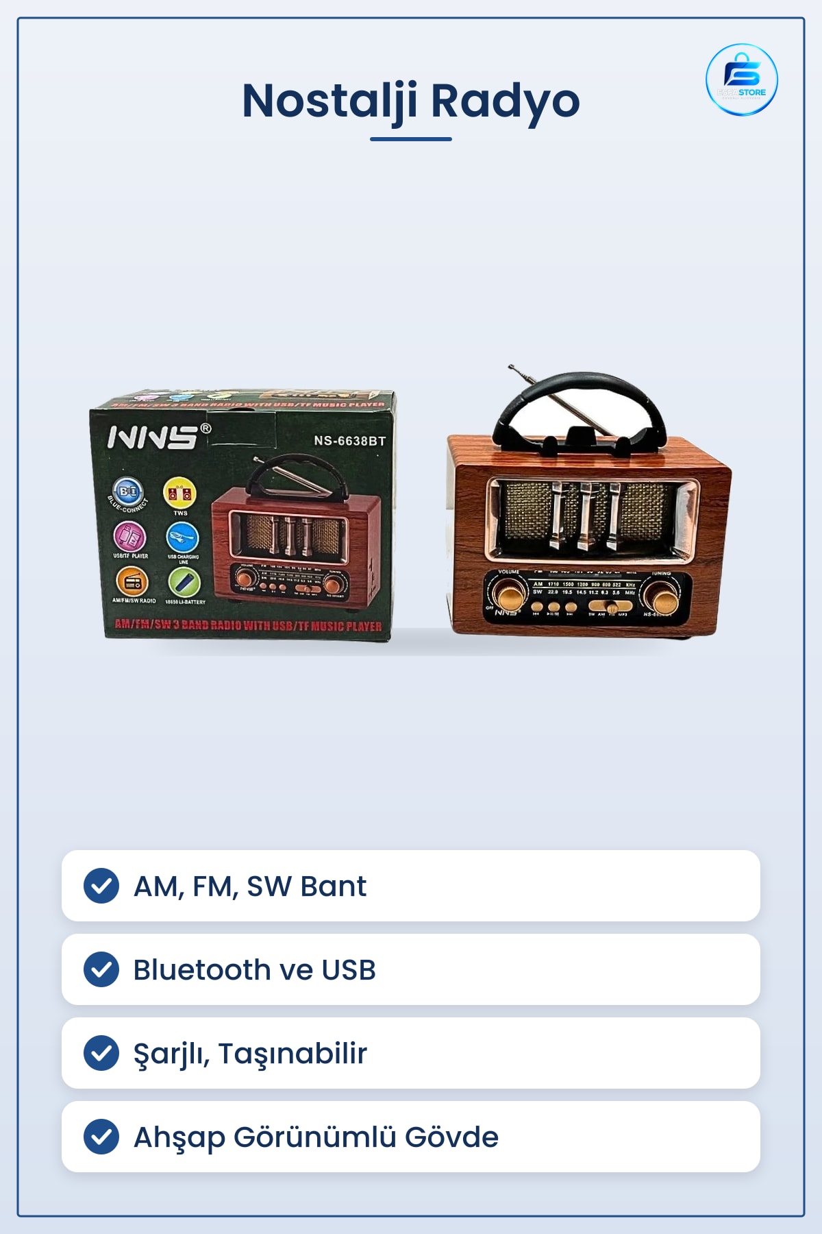 Nostalji Radyo Ahşap Görünümlü Taşınabilir AM FM SW Bluetooth USB TF Müzik Çalar Şarjlı Retro