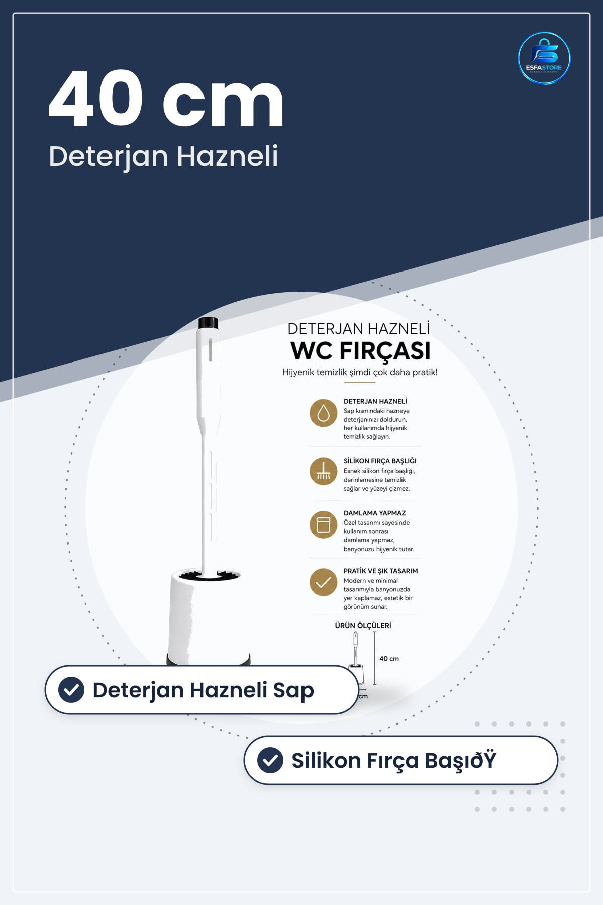 Klozet Fırçası Deterjan Hazneli Silikon Başlıklı Beyaz 40 cm WC Tuvalet Banyo Temizlik Aracı