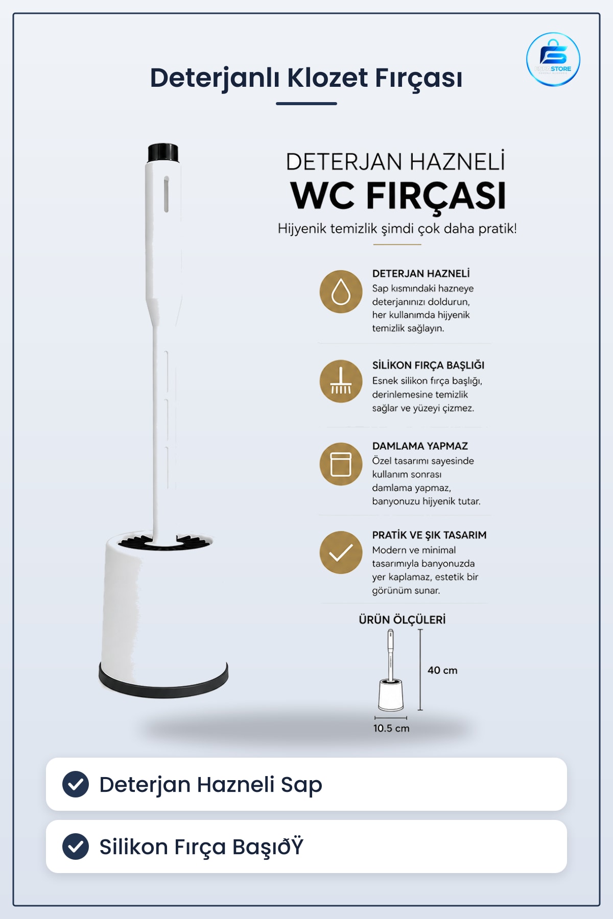 Klozet Fırçası Deterjan Hazneli Silikon Başlıklı Beyaz 40 cm WC Tuvalet Banyo Temizlik Aracı