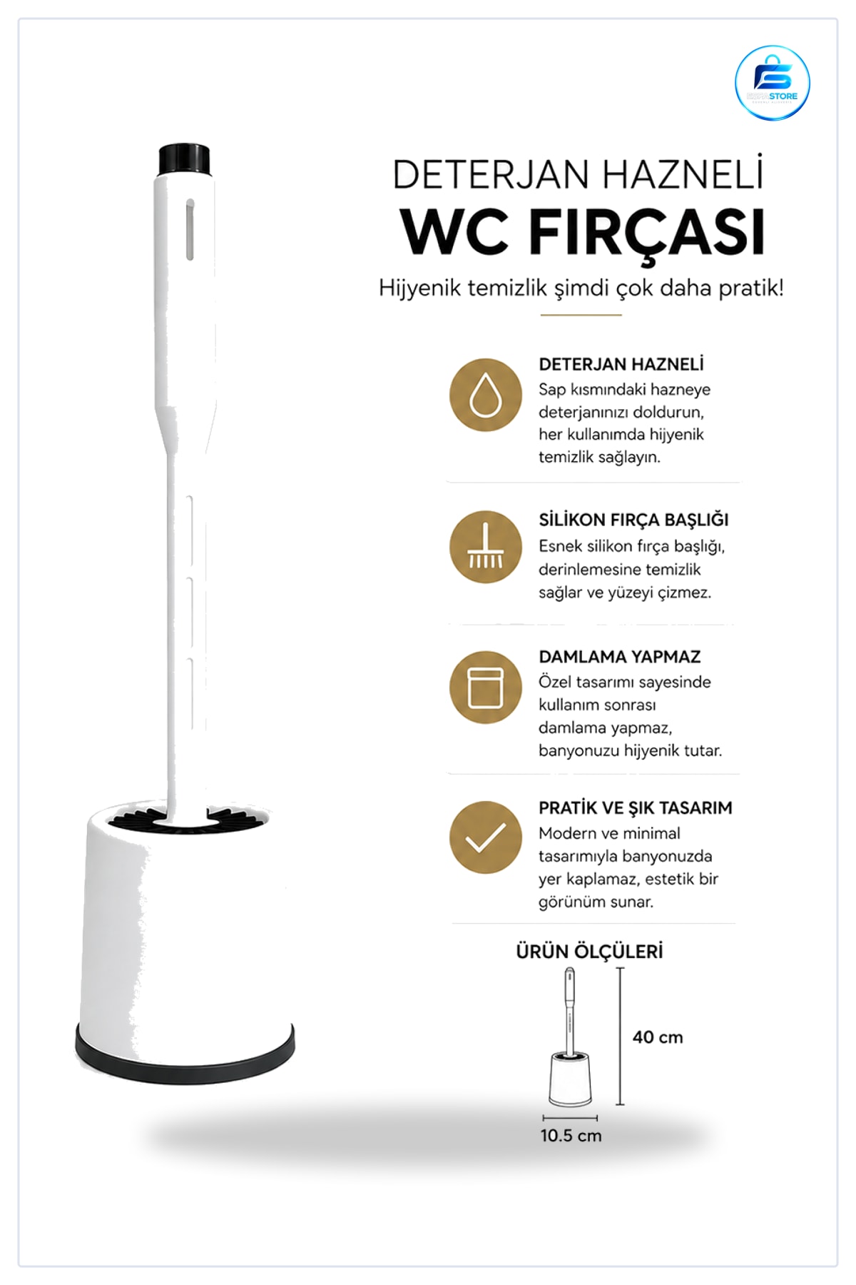 Klozet Fırçası Deterjan Hazneli Silikon Başlıklı Beyaz 40 cm WC Tuvalet Banyo Temizlik Aracı