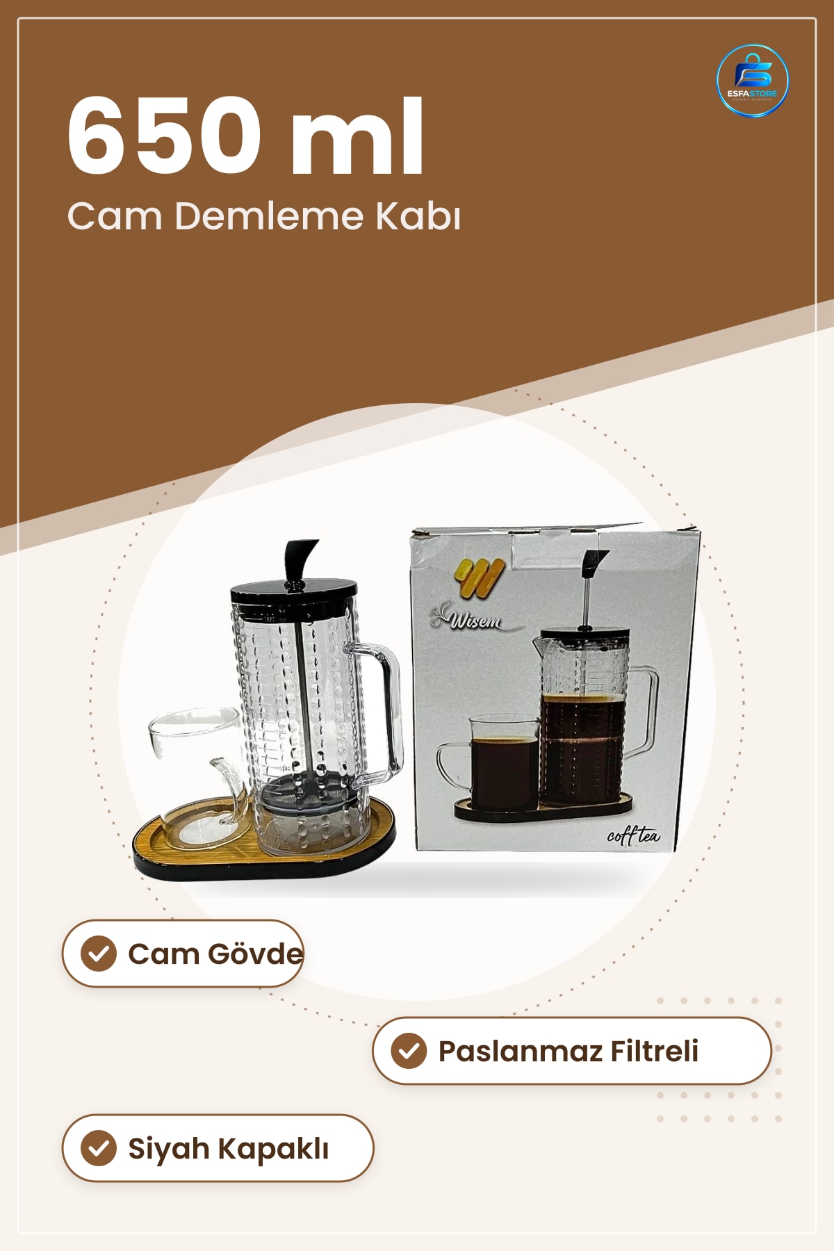 French Press Kahve Demleme 650 ml Cam Pres Kaplı Paslanmaz Filtreli Siyah Kapaklı Şeffaf Çay Pratik