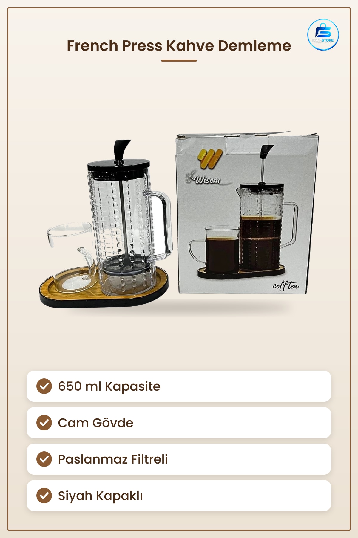 French Press Kahve Demleme 650 ml Cam Pres Kaplı Paslanmaz Filtreli Siyah Kapaklı Şeffaf Çay Pratik