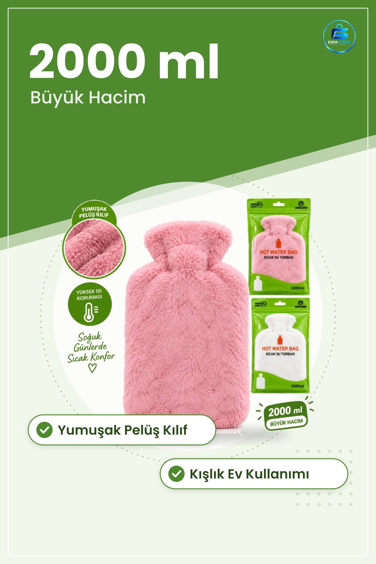 Peluşlu Sıcak Su Torbası 2000 ml Büyük Hacim Yumuşak Pelüş Kılıflı Kışlık Isıtıcı Ped Ev Kullanımı