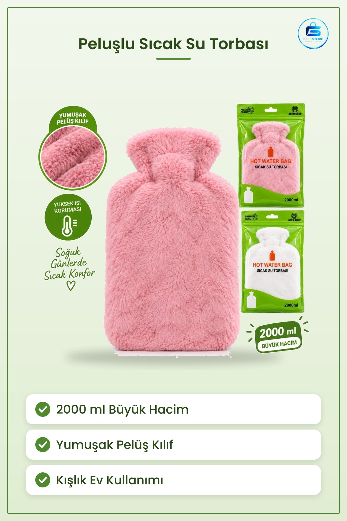 Peluşlu Sıcak Su Torbası 2000 ml Büyük Hacim Yumuşak Pelüş Kılıflı Kışlık Isıtıcı Ped Ev Kullanımı