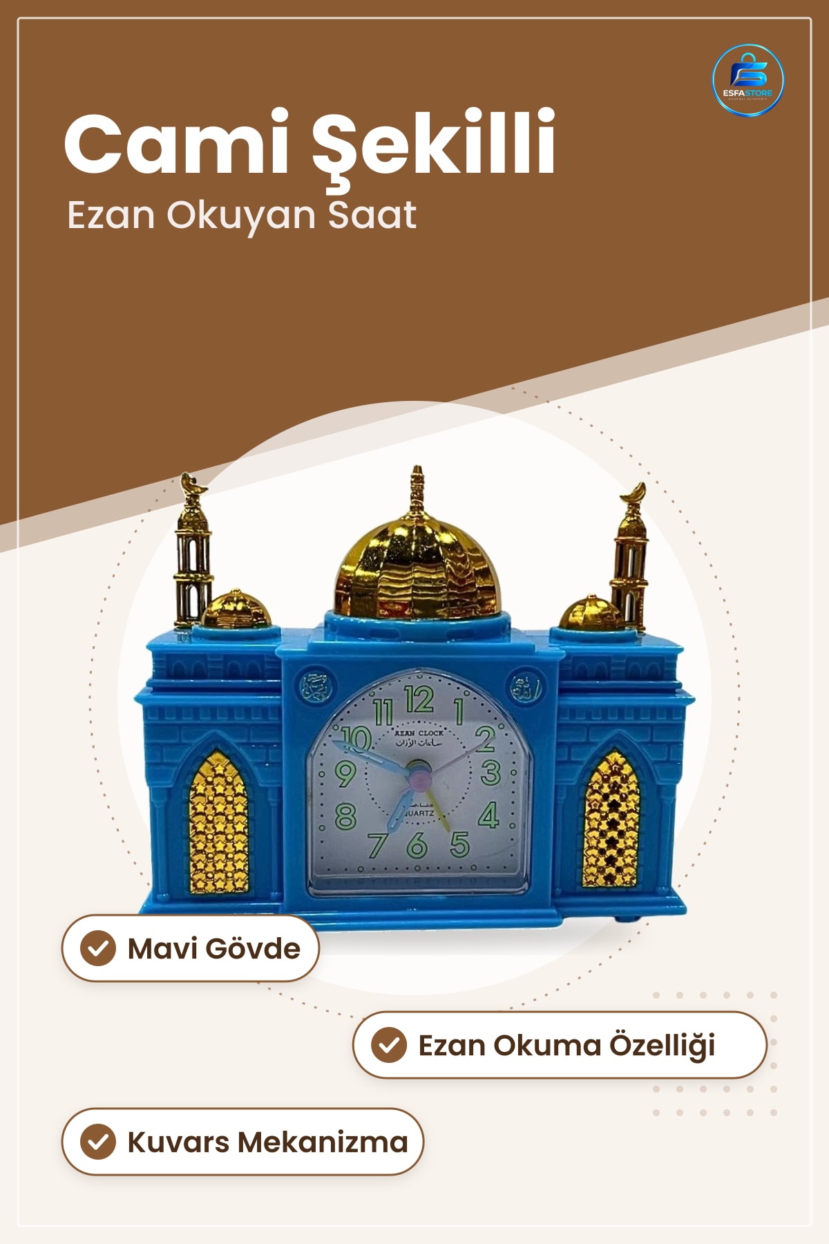 Cami Şeklinde Ezan Okuyan Masa Saati Mavi Dekoratif Ev Ofis Dini Hediyelik Kuvars Mekanizmalı