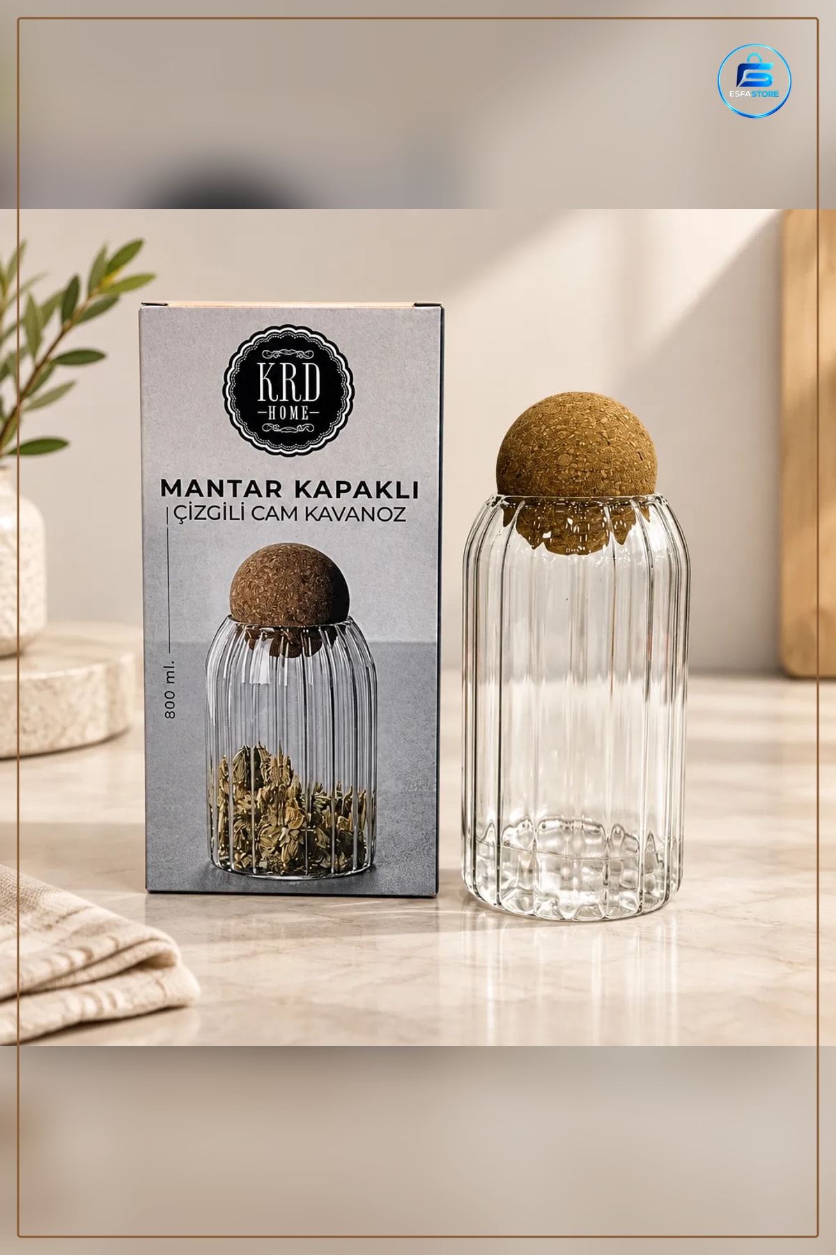Mantar Kapaklı Çizgili Cam Kavanoz Küçük Boy Mutfak Saklama Kompakt Servis Sofra Düzenleme