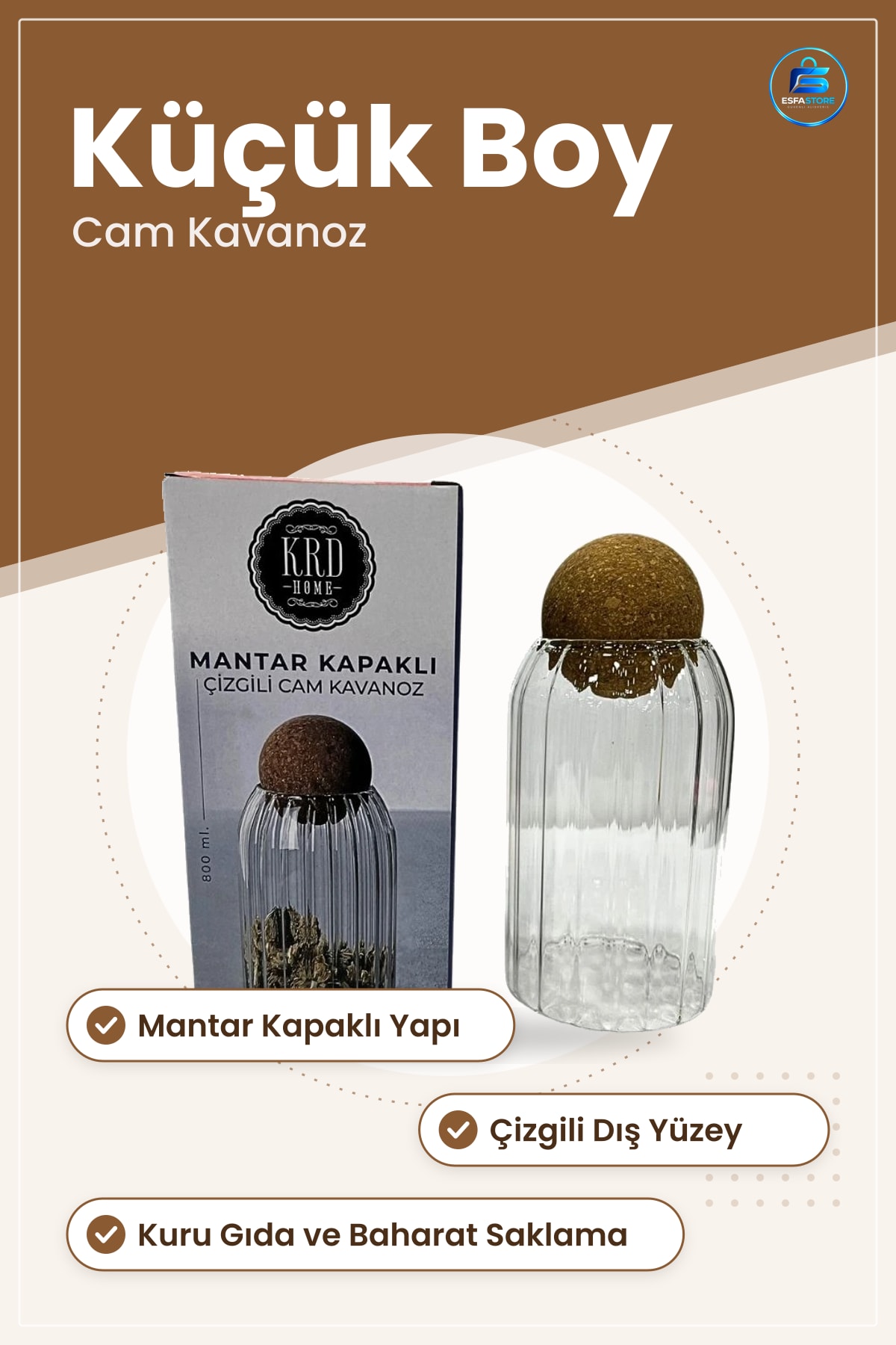 Mantar Kapaklı Çizgili Cam Kavanoz Küçük Boy Mutfak Saklama Kompakt Servis Sofra Düzenleme