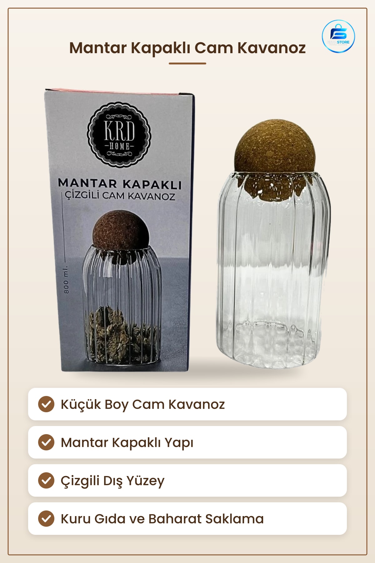 Mantar Kapaklı Çizgili Cam Kavanoz Küçük Boy Mutfak Saklama Kompakt Servis Sofra Düzenleme