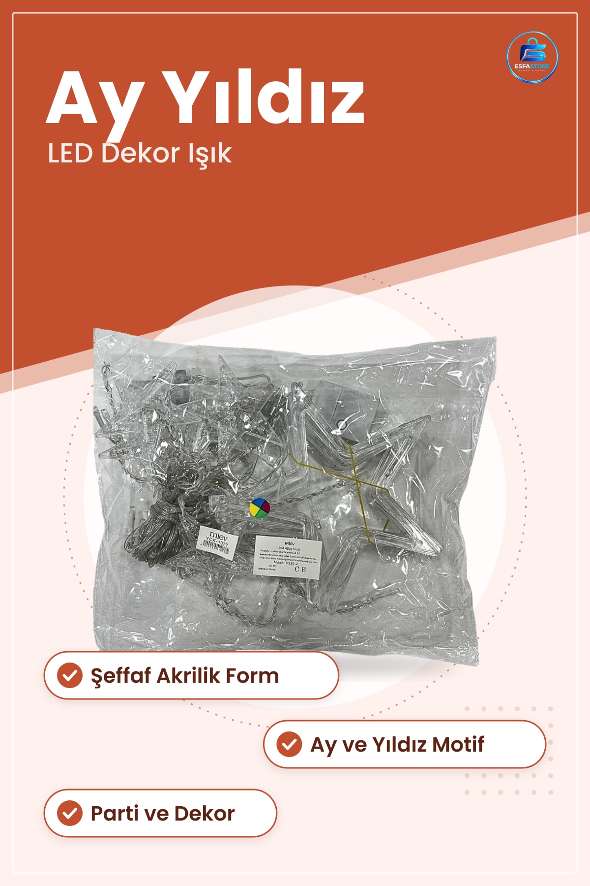 Led Işık Dekor Ay Yıldız Süslü Aydınlatma Zinciri Parti Ev Dekorasyon Atmosfer Şeffaf