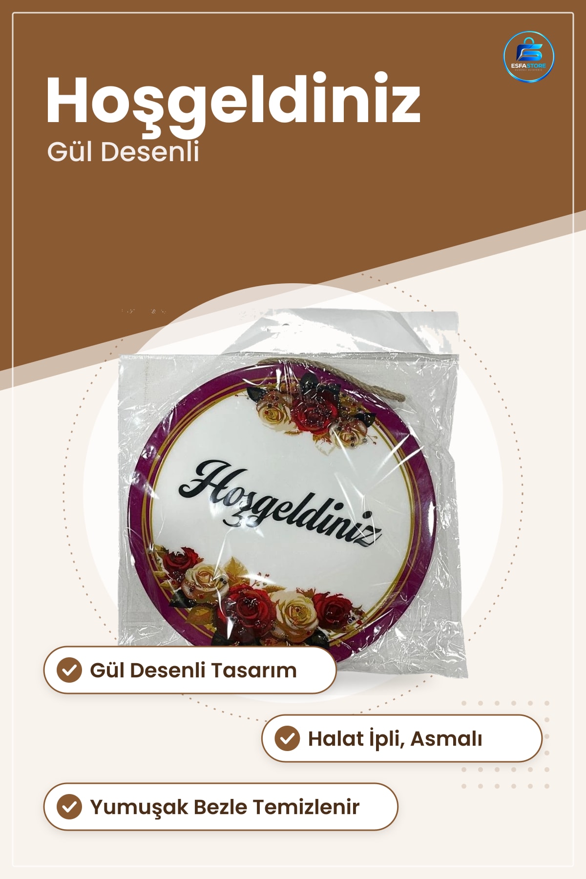 Hoşgeldiniz Yazılı Epoksi Kapı Süsü Gül Desenli Yuvarlak Asmalı Ev Dekoru Giriş Dekorasyonu