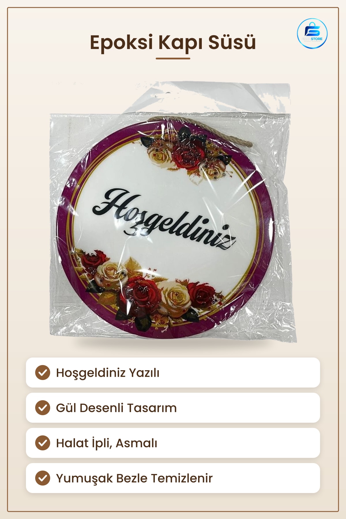 Hoşgeldiniz Yazılı Epoksi Kapı Süsü Gül Desenli Yuvarlak Asmalı Ev Dekoru Giriş Dekorasyonu