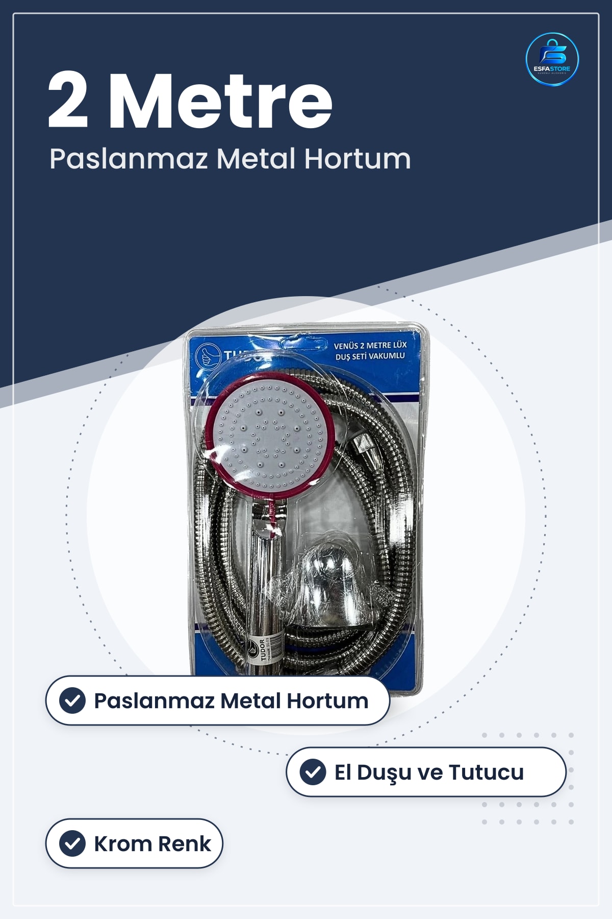 Duş Seti Vakumlu Venüs Lüks Banyo El Duşu Hortumu Başlığı Paslanmaz Metal Krom 2 Metre