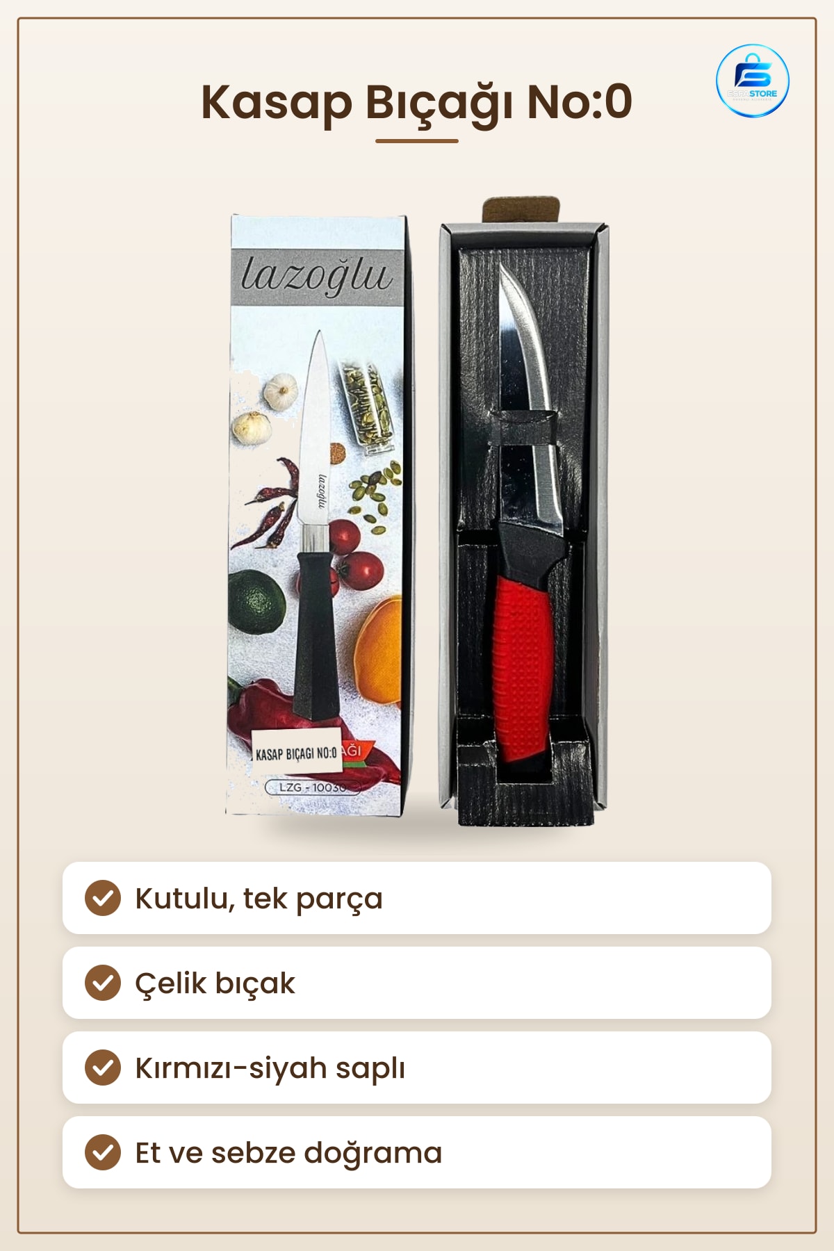 Kasap Bıçağı No:0 Kutulu Et Kesim Mutfak Çelik Kırmızı Saplı Sebze Meyve Doğrama Aleti