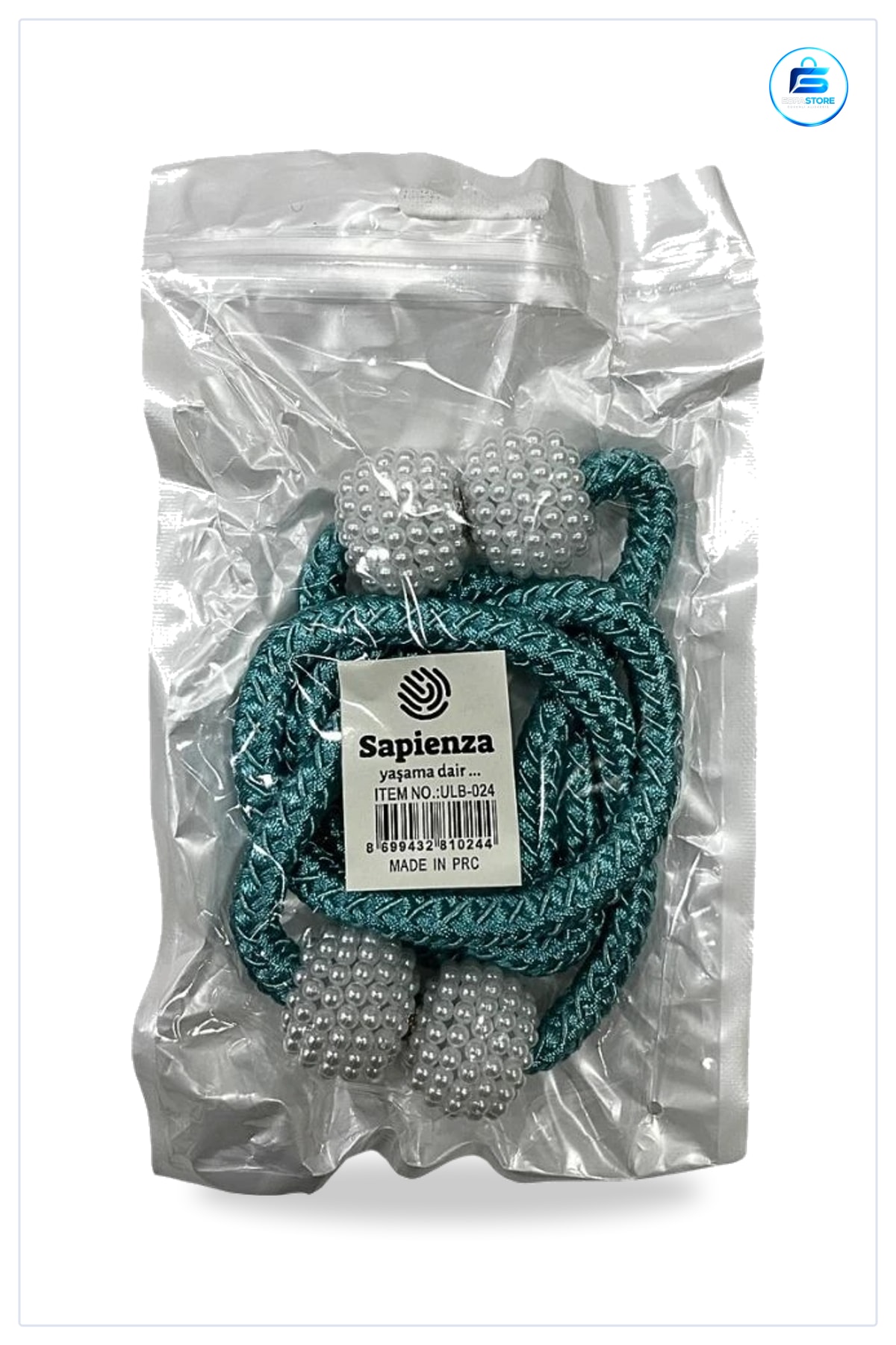 Boncuklu Mıknatıslı Perde İpi 2'li Turkuaz İnci Süslü Toka Bağlama Aksesuarı Ev Dekor
