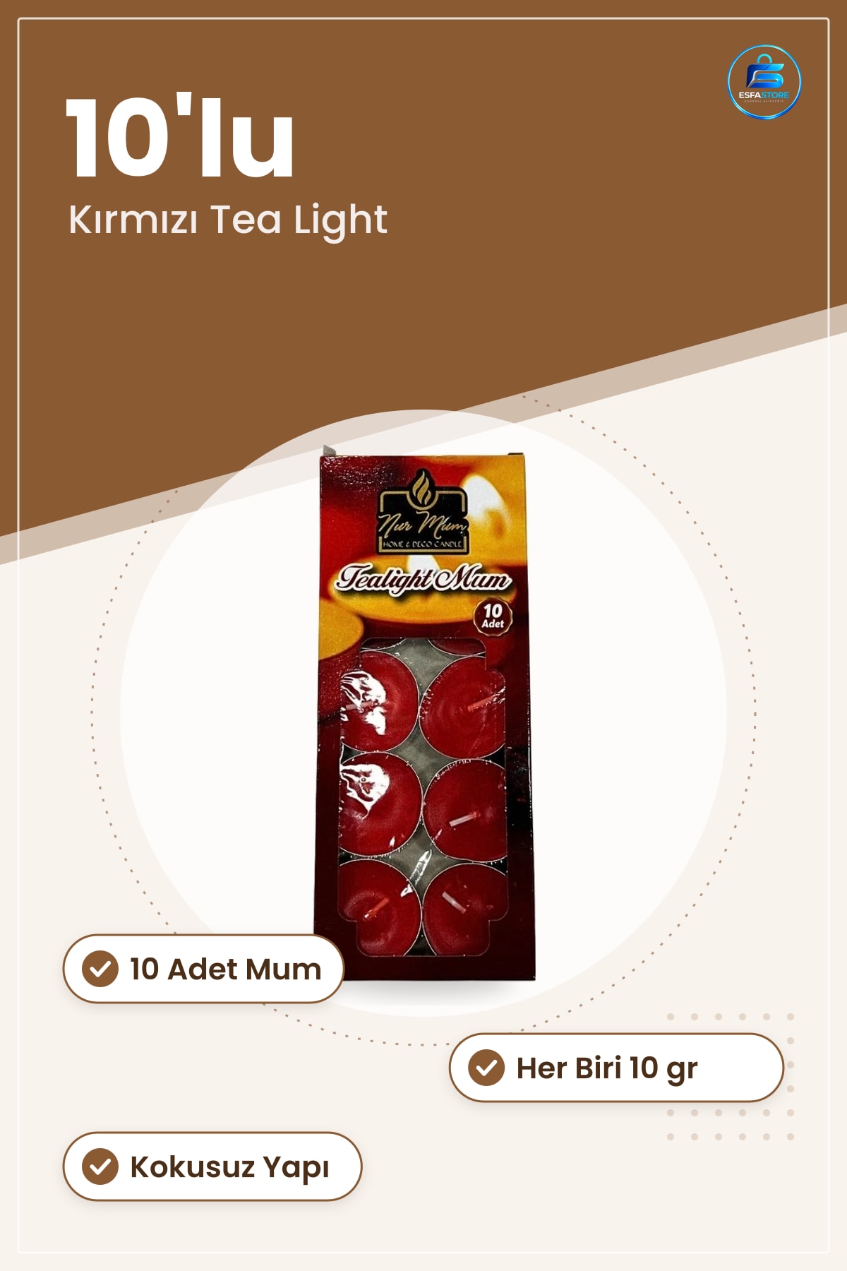Tea Light Mum 10 gr Kokusuz 10'lu Kırmızı Dekoratif Ev Dekorasyon Ambiyans Mumluk Kandil