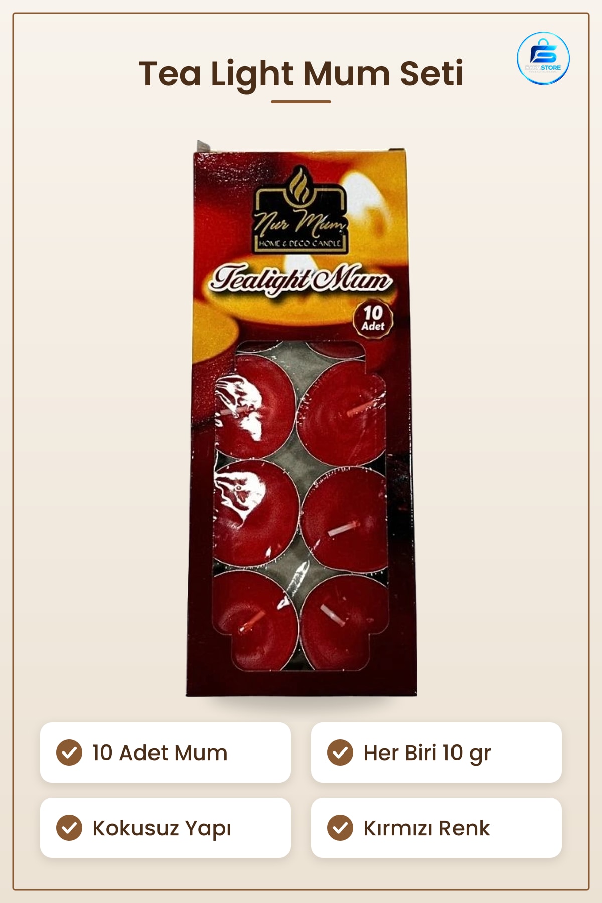 Tea Light Mum 10 gr Kokusuz 10'lu Kırmızı Dekoratif Ev Dekorasyon Ambiyans Mumluk Kandil