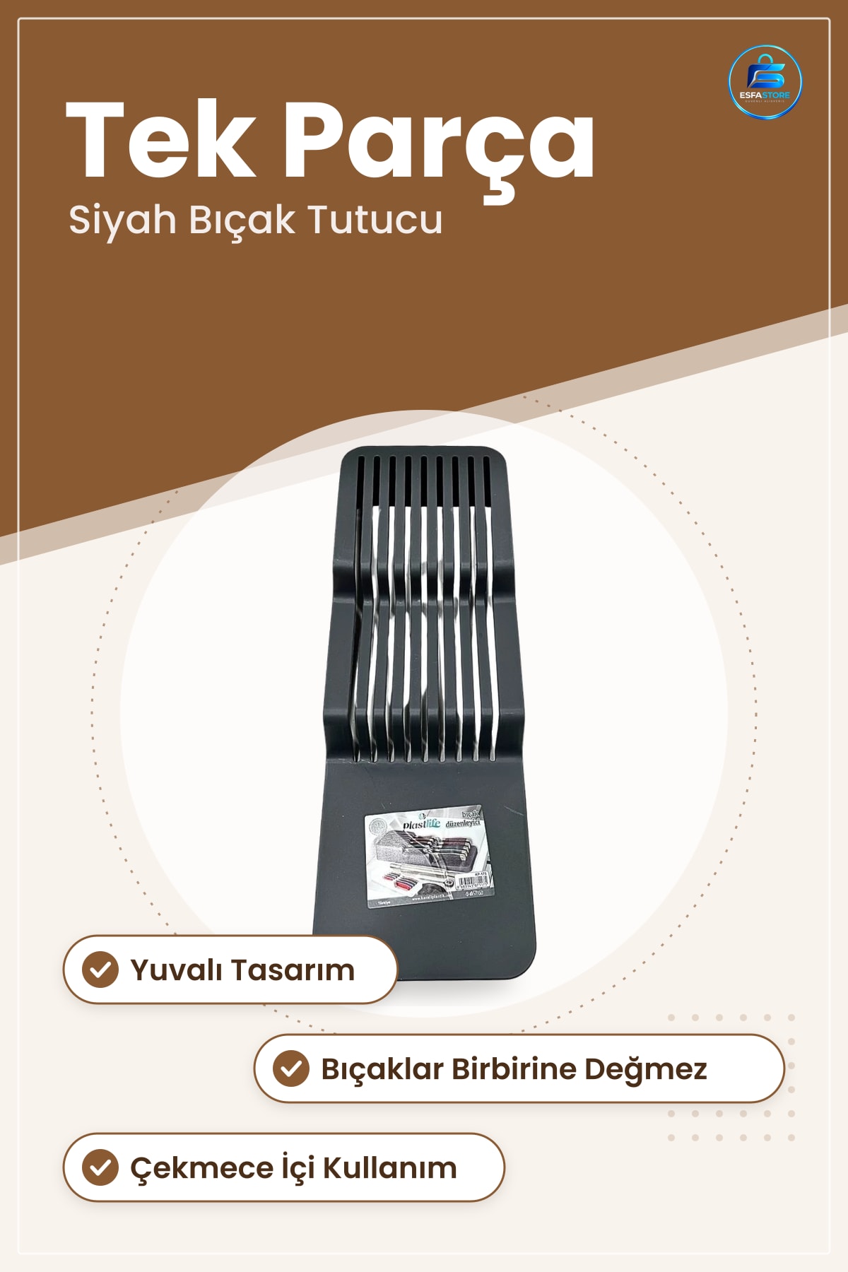 Bıçak Düzenleyici Mutfak Çekmece İçi Yuvalı Plastik Kesici Tutucu Siyah Saklama Organizer Sofra