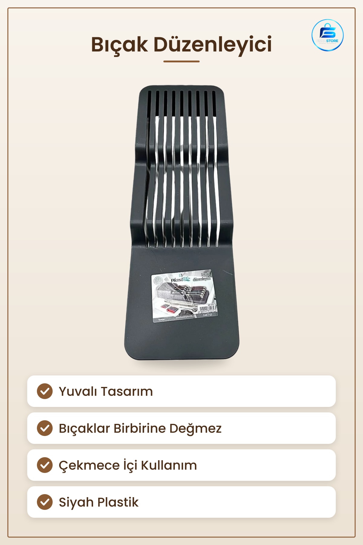Bıçak Düzenleyici Mutfak Çekmece İçi Yuvalı Plastik Kesici Tutucu Siyah Saklama Organizer Sofra