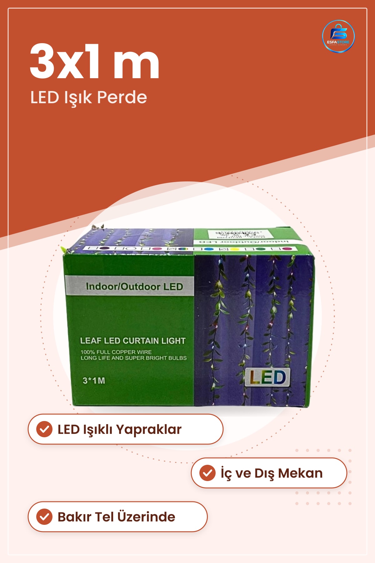 Sarmaşık Perde LED Işık 3x1 m Yeşil Kutulu Dekoratif İç Dış Mekan Bakır Tel Parti Süsleme