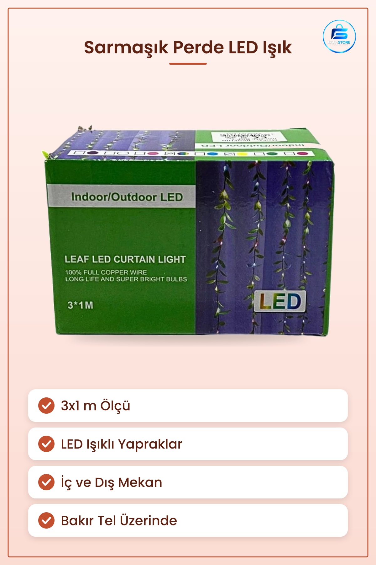 Sarmaşık Perde LED Işık 3x1 m Yeşil Kutulu Dekoratif İç Dış Mekan Bakır Tel Parti Süsleme