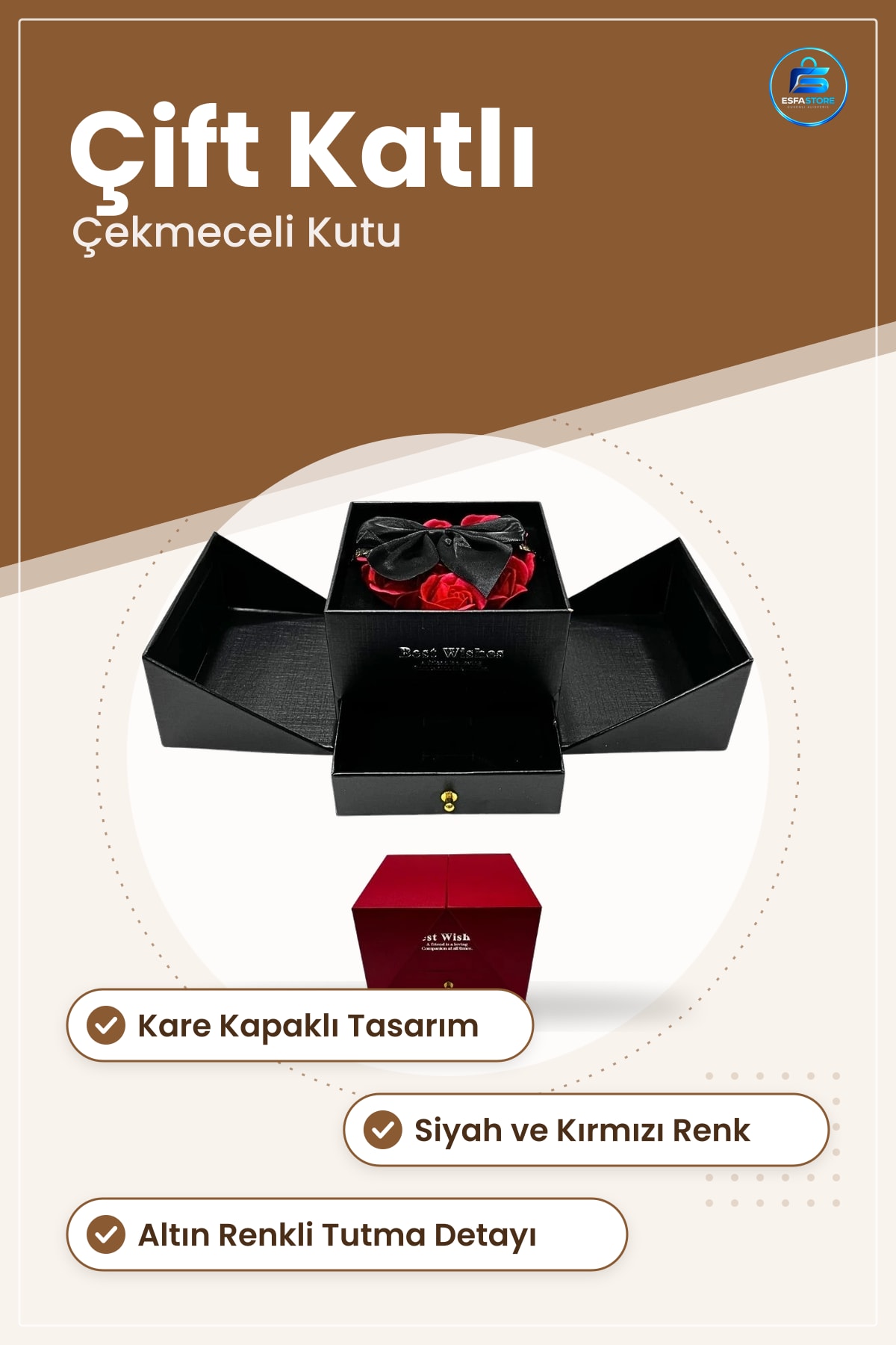 Çekmeceli Hediye Kutusu Siyah Kare Kapaklı Saklama Takı Çift Katlı Pratik Sevgiliye Özel Gün