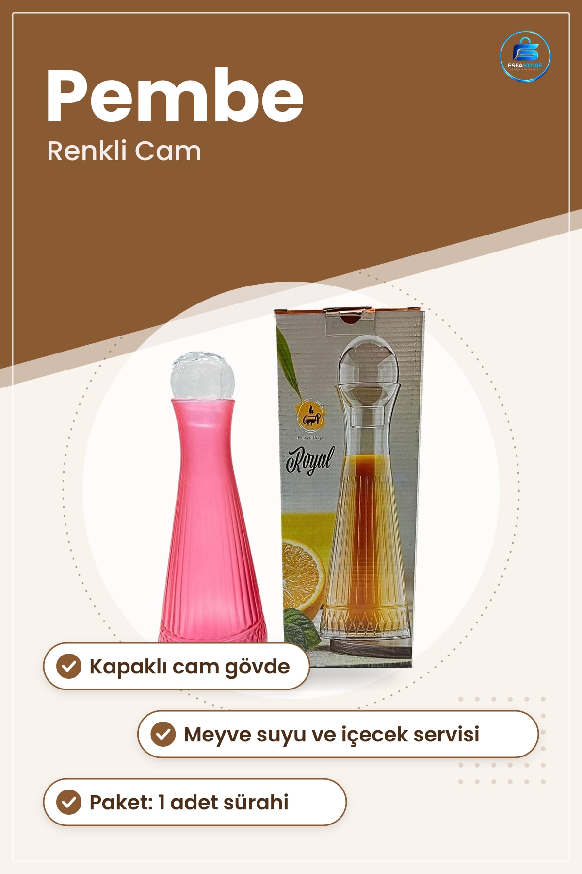 Sürahi Renkli Cam Pembe Karaf Kapaklı İçecek Servisi Sofra Sunum Meyve Suyu Mutfak Ev Kullanımı