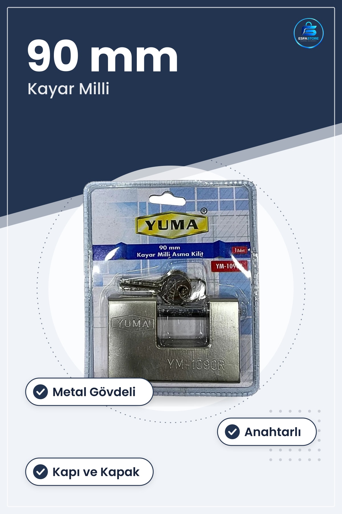 Asma Kilit 90 mm Kayar Milli Kapı ve Kapak Güvenlik Kilidi Metal Gövdeli Anahtarlı