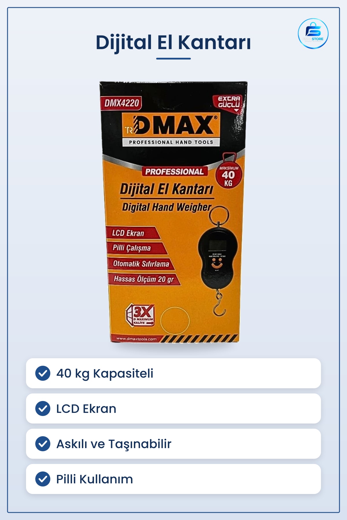 Dijital El Kantarı Elektronik 40 kg Kapasiteli LCD Ekran Pilli Taşınabilir Askılı Mutfak Bagaj