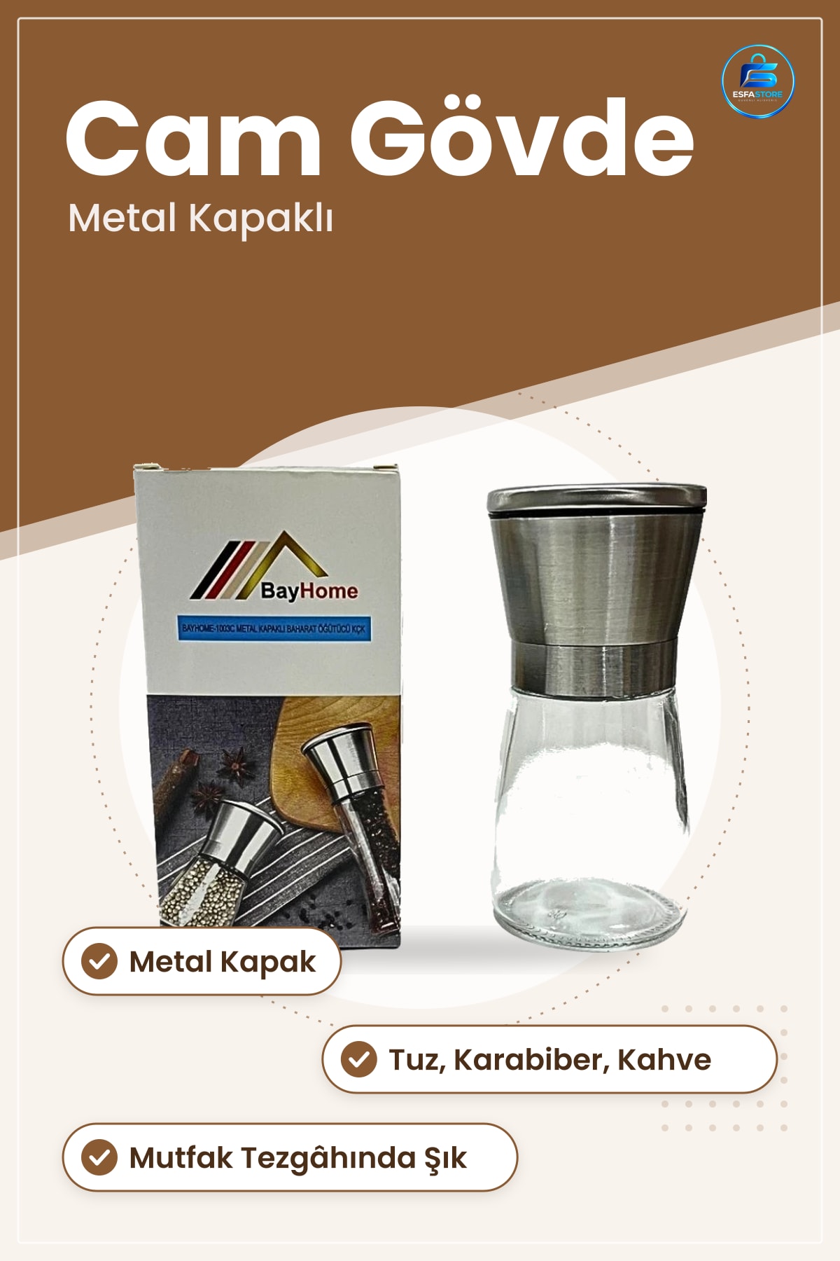 Baharat Öğütücü Değirmen Metal Kapaklı Cam Gövdeli Mutfak Tuz Karabiber Kahve Yemek Hazırlık