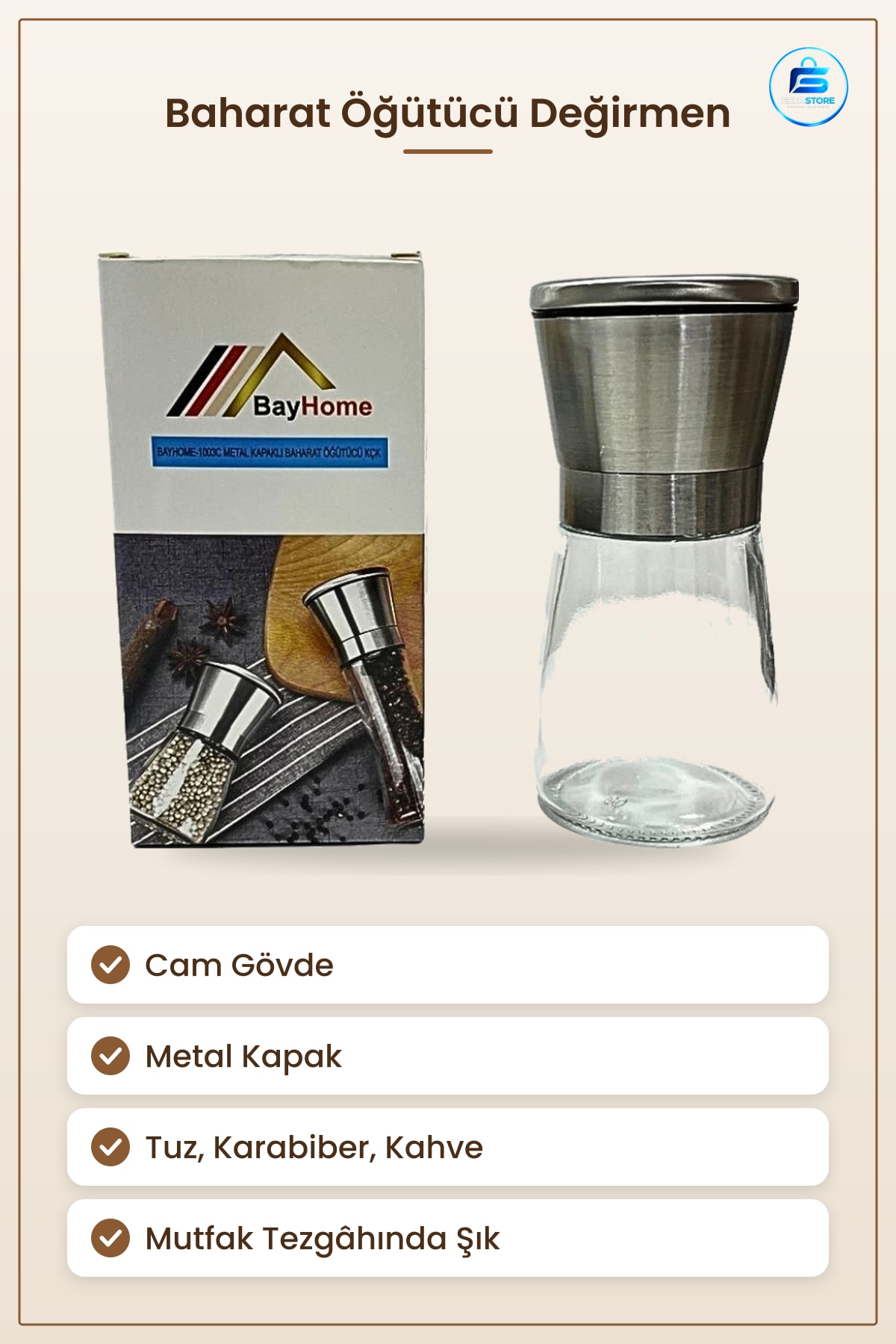 Baharat Öğütücü Değirmen Metal Kapaklı Cam Gövdeli Mutfak Tuz Karabiber Kahve Yemek Hazırlık