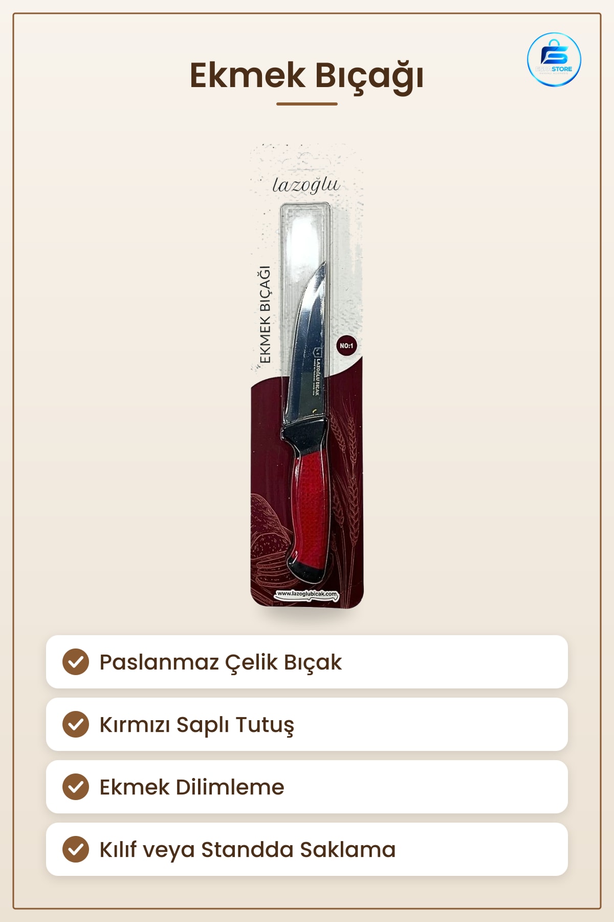 Ekmek Bıçağı Paslanmaz Çelik Kırmızı Saplı Dilimleme Mutfak Sofra Kesim Aleti Pratik