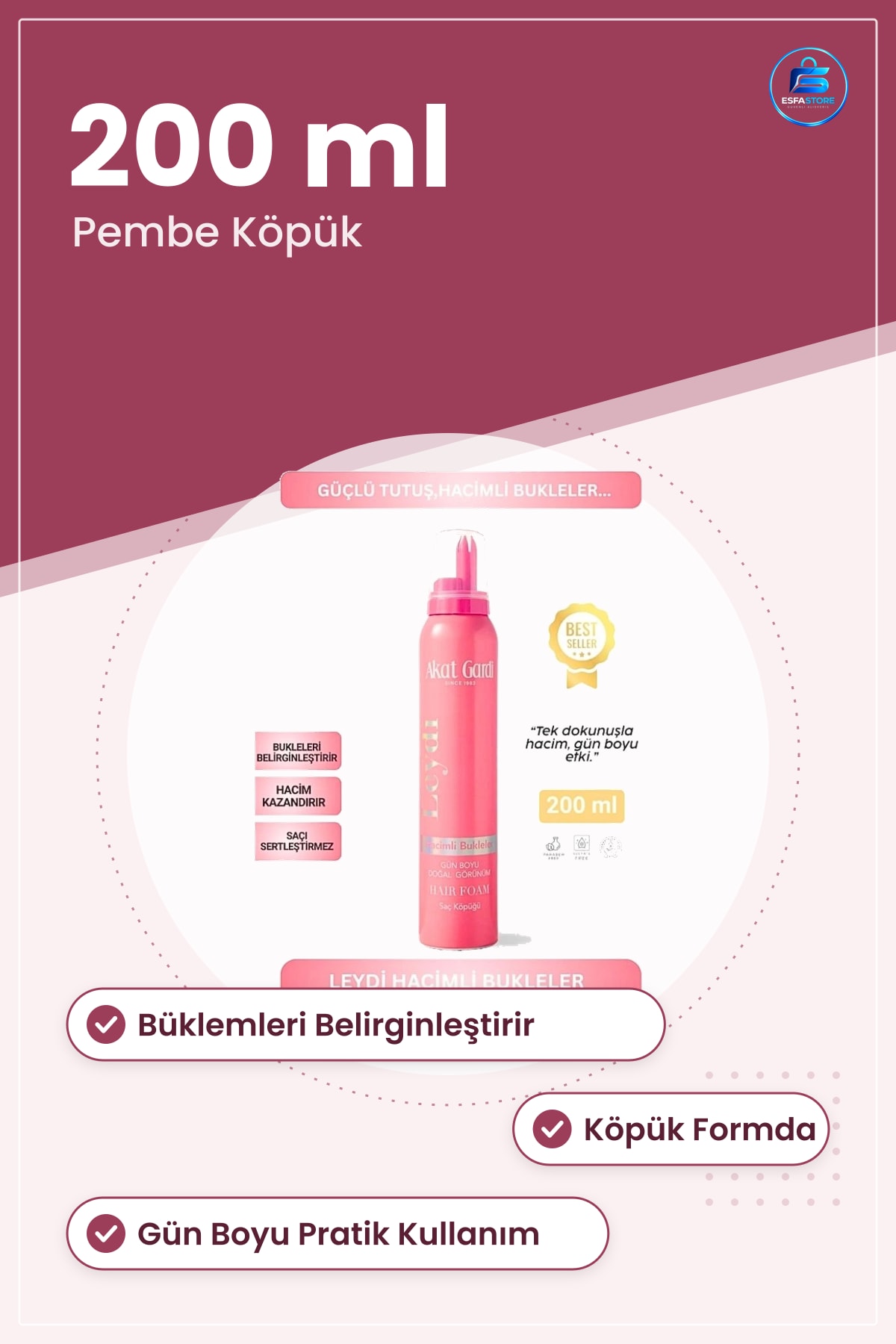 Pembe Saç Köpüğü 200 ml Hacimli Büklem Kadın Şekillendirici Doğal Görünüm Gün Boyu Pratik Kullanım