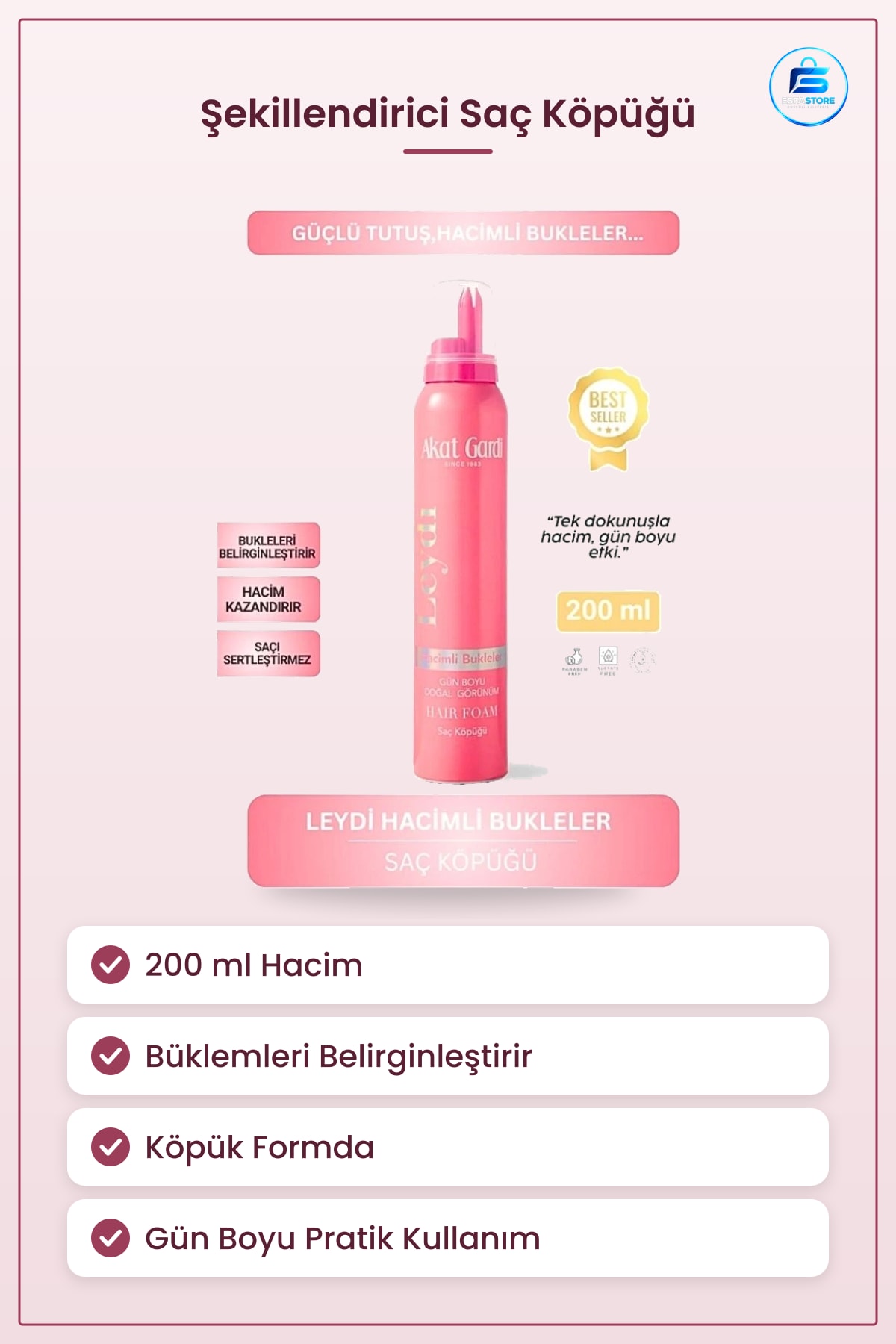 Pembe Saç Köpüğü 200 ml Hacimli Büklem Kadın Şekillendirici Doğal Görünüm Gün Boyu Pratik Kullanım
