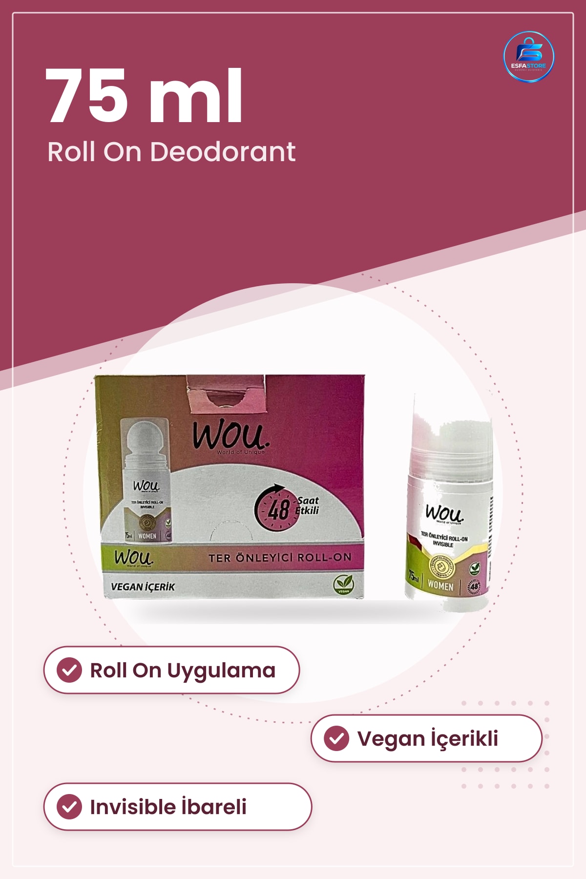 Ter Önleyici Roll On Deodorant 75 ml Kadın İçin 48 Saat Etkili Vegan İçerikli Invisible