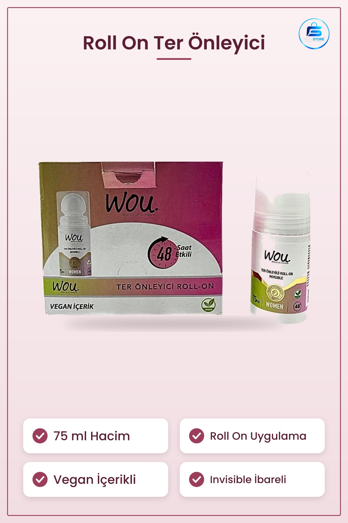 Ter Önleyici Roll On Deodorant 75 ml Kadın İçin 48 Saat Etkili Vegan İçerikli Invisible